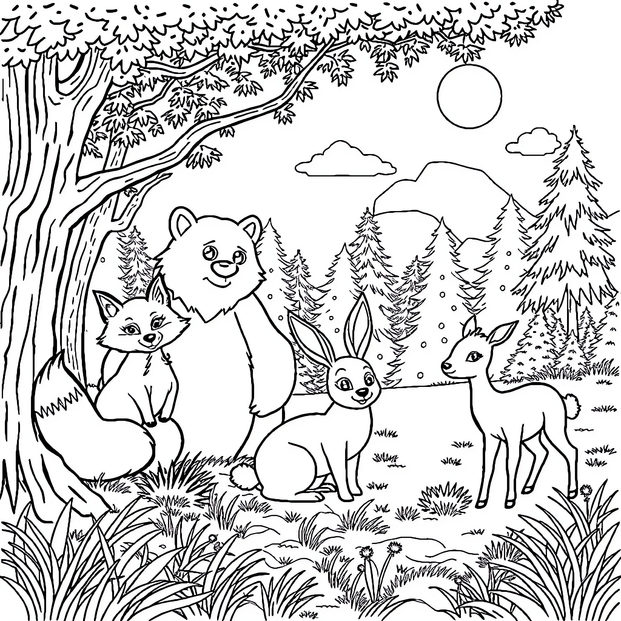 Animal friends exploring the forest landscape Coloring Page (free black-and-white line drawing printable PDF for all, from beginners to advanced learners, including children, teens, adults, and seniors)