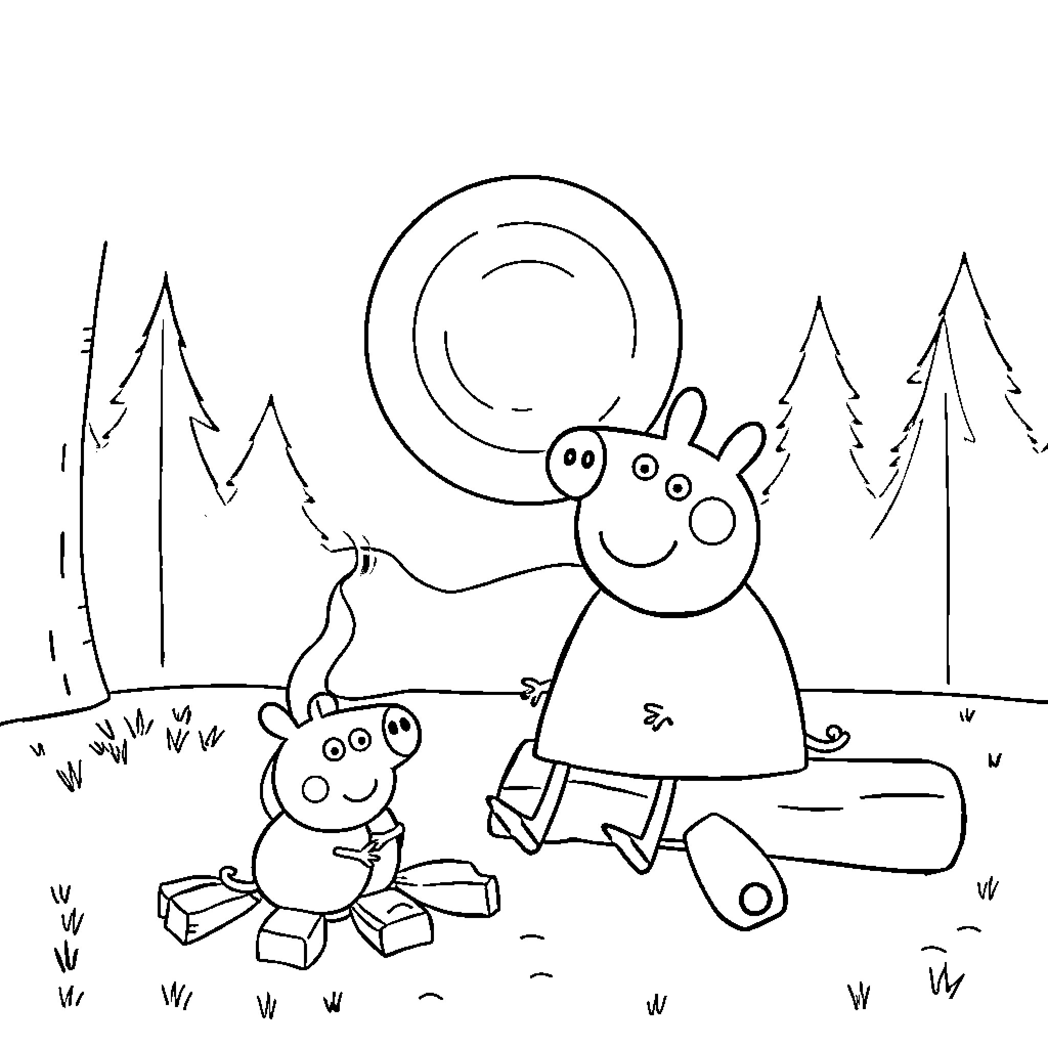 Peppa Pig having fun outdoors with friends Coloring Page (free black-and-white line drawing printable PDF for all, from beginners to advanced learners, including children, teens, adults, and seniors)
