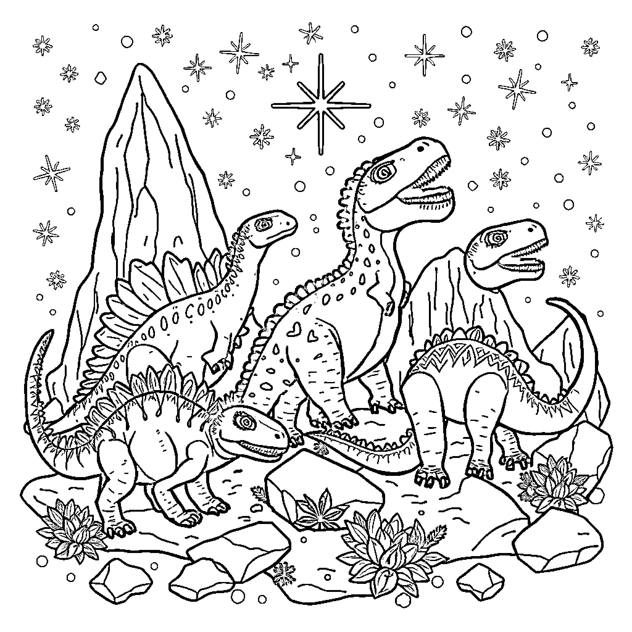 Dino Dinosaurs Playing in the Snowy Landscape Coloring Page (free black-and-white line drawing printable PDF for all, from beginners to advanced learners, including children, teens, adults, and seniors)