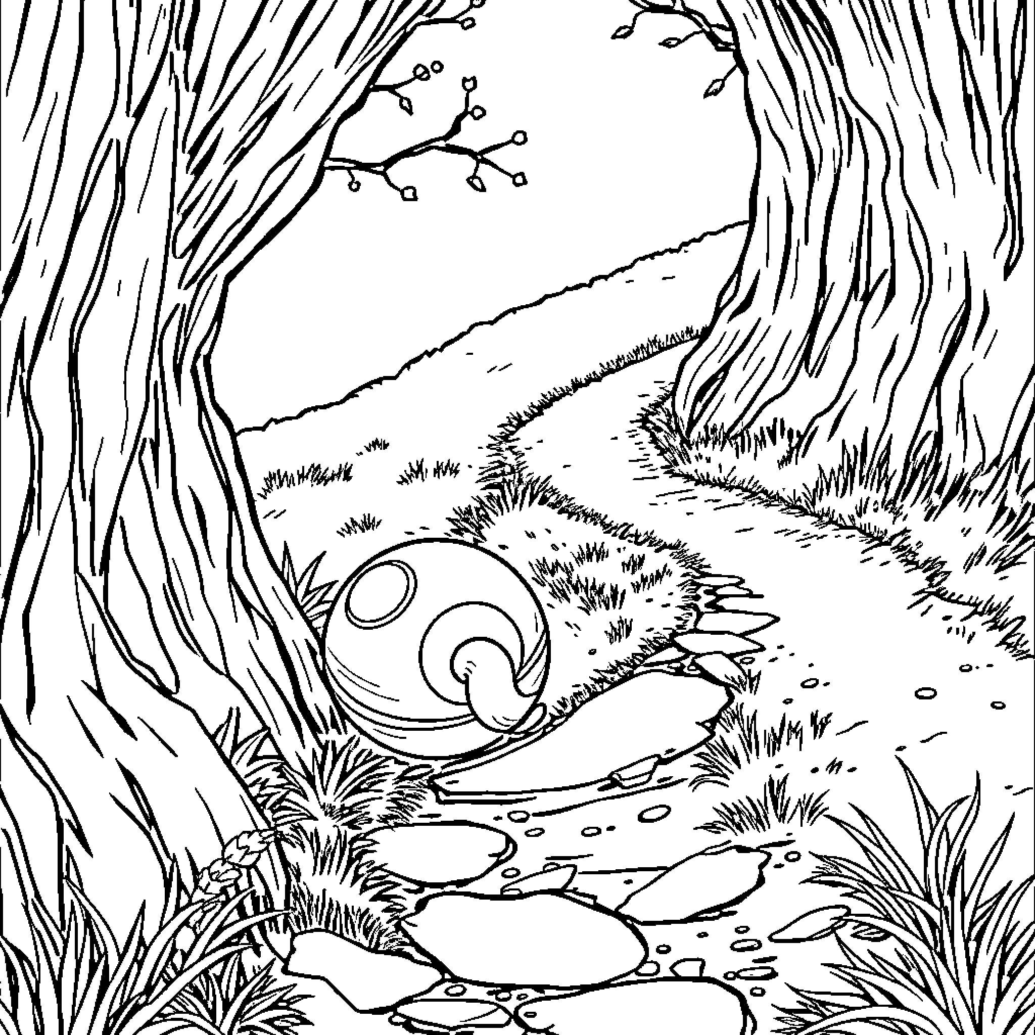 Circe's Wooded Landscape with Mystical Creature Coloring Page (free black-and-white line drawing printable PDF for all, from beginners to advanced learners, including children, teens, adults, and seniors)