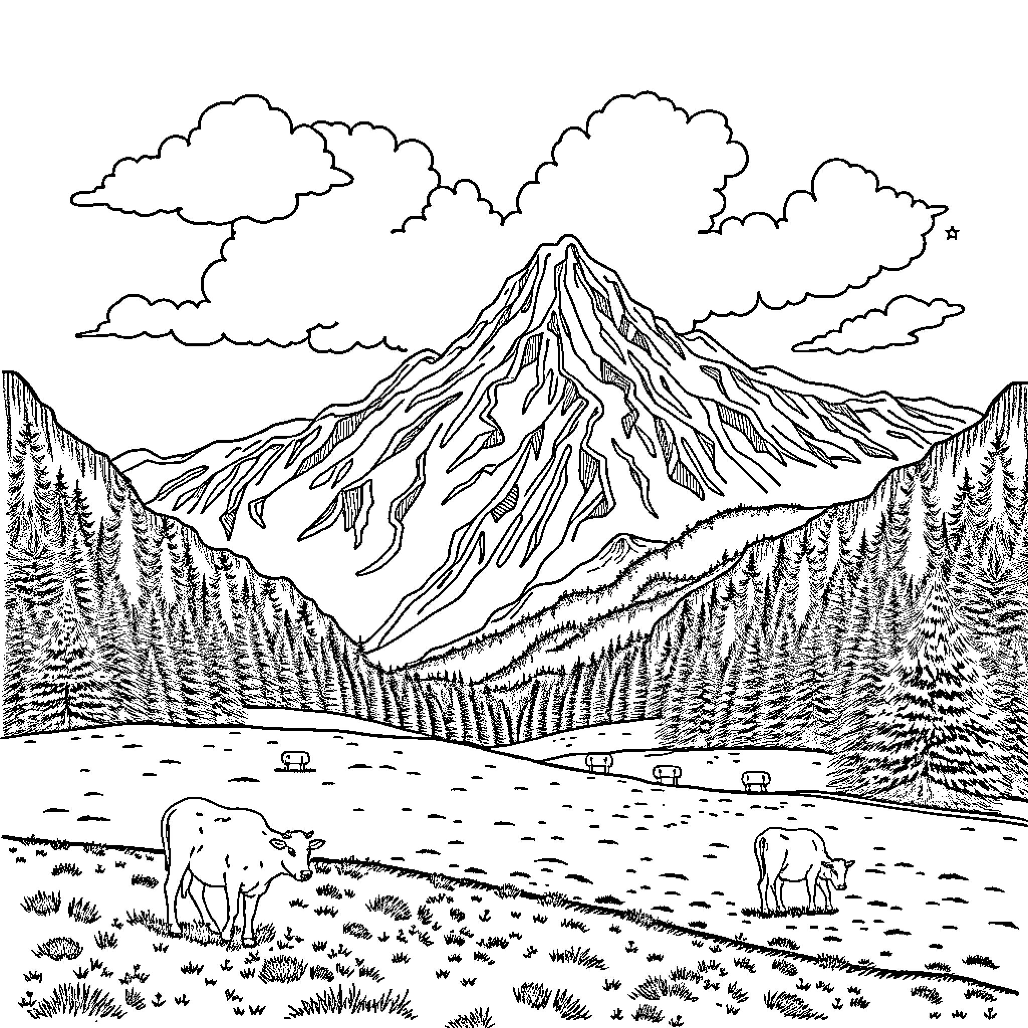 Gummfluh: Majestic Mountain Landscape with Grazing Wildlife Coloring Page (free black-and-white line drawing printable PDF for all, from beginners to advanced learners, including children, teens, adults, and seniors)
