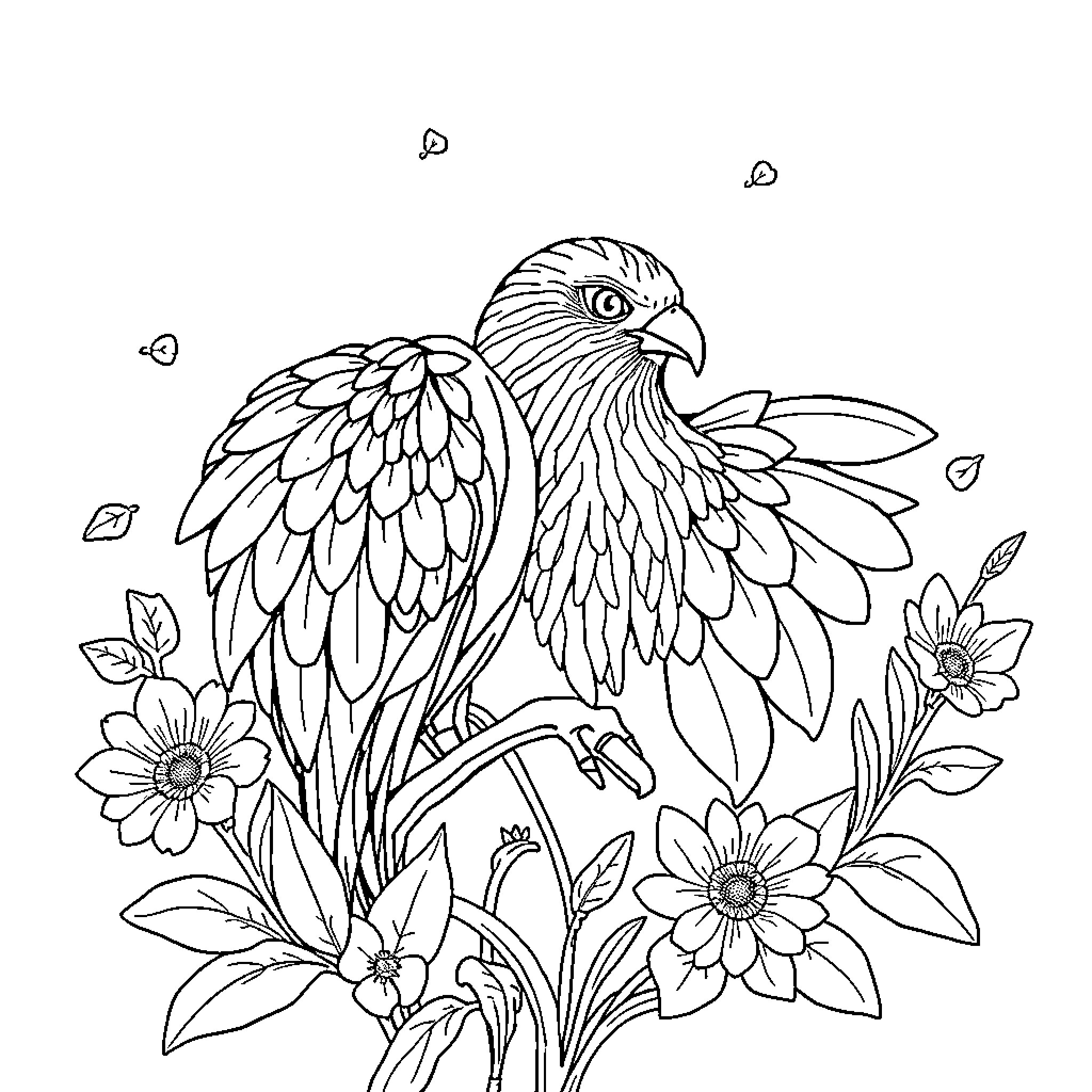 Princess Parrot Amidst Vibrant Floral Surroundings Coloring Page (free black-and-white line drawing printable PDF for all, from beginners to advanced learners, including children, teens, adults, and seniors)