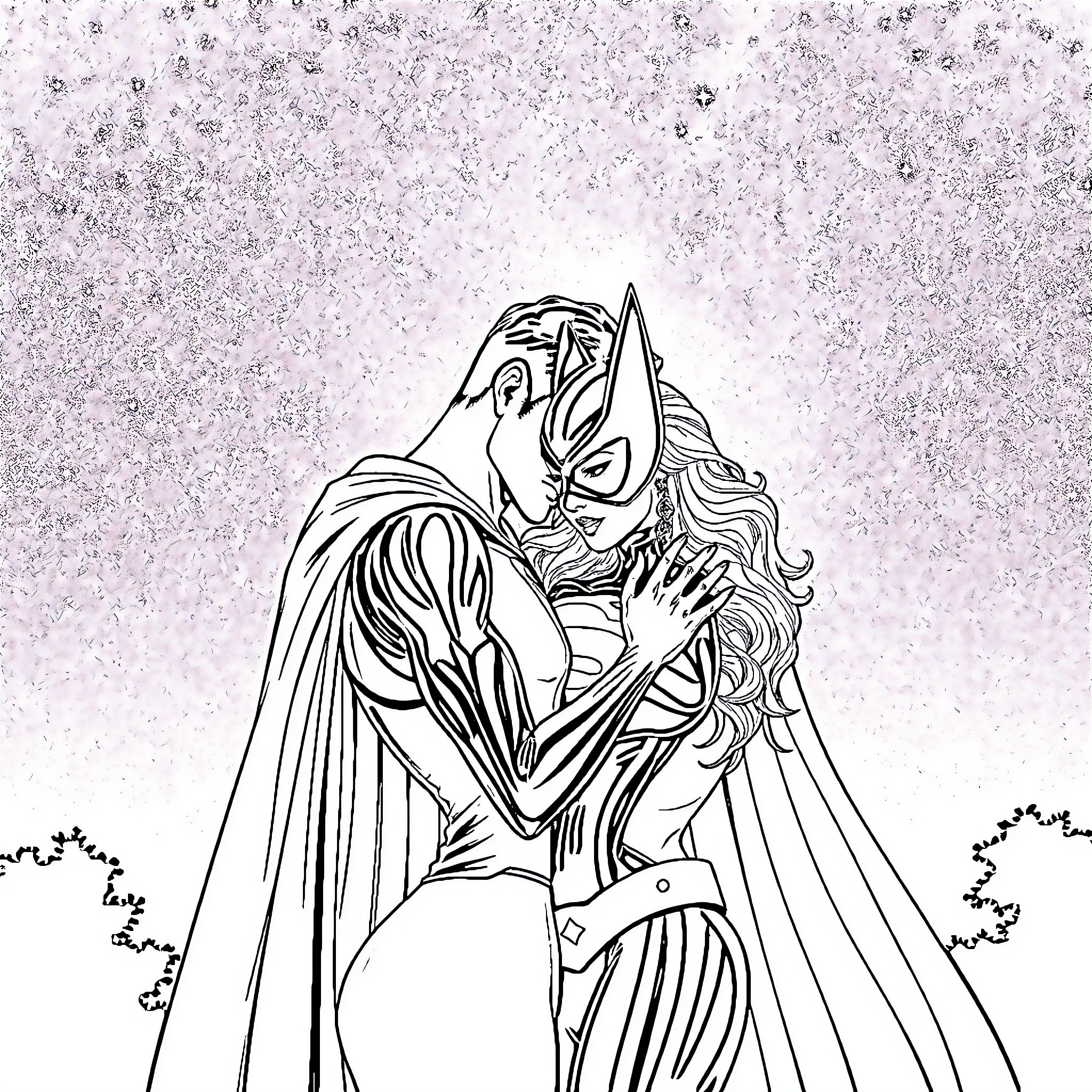 Superman embracing a mysterious female figure Coloring Page (free black-and-white line drawing printable PDF for all, from beginners to advanced learners, including children, teens, adults, and seniors)