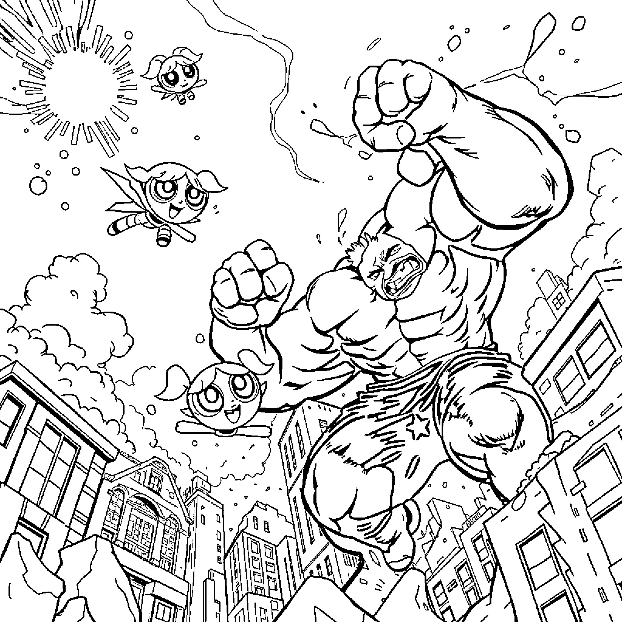 Powerpuff Girls heroically defending the city Coloring Page (free black-and-white line drawing printable PDF for all, from beginners to advanced learners, including children, teens, adults, and seniors)