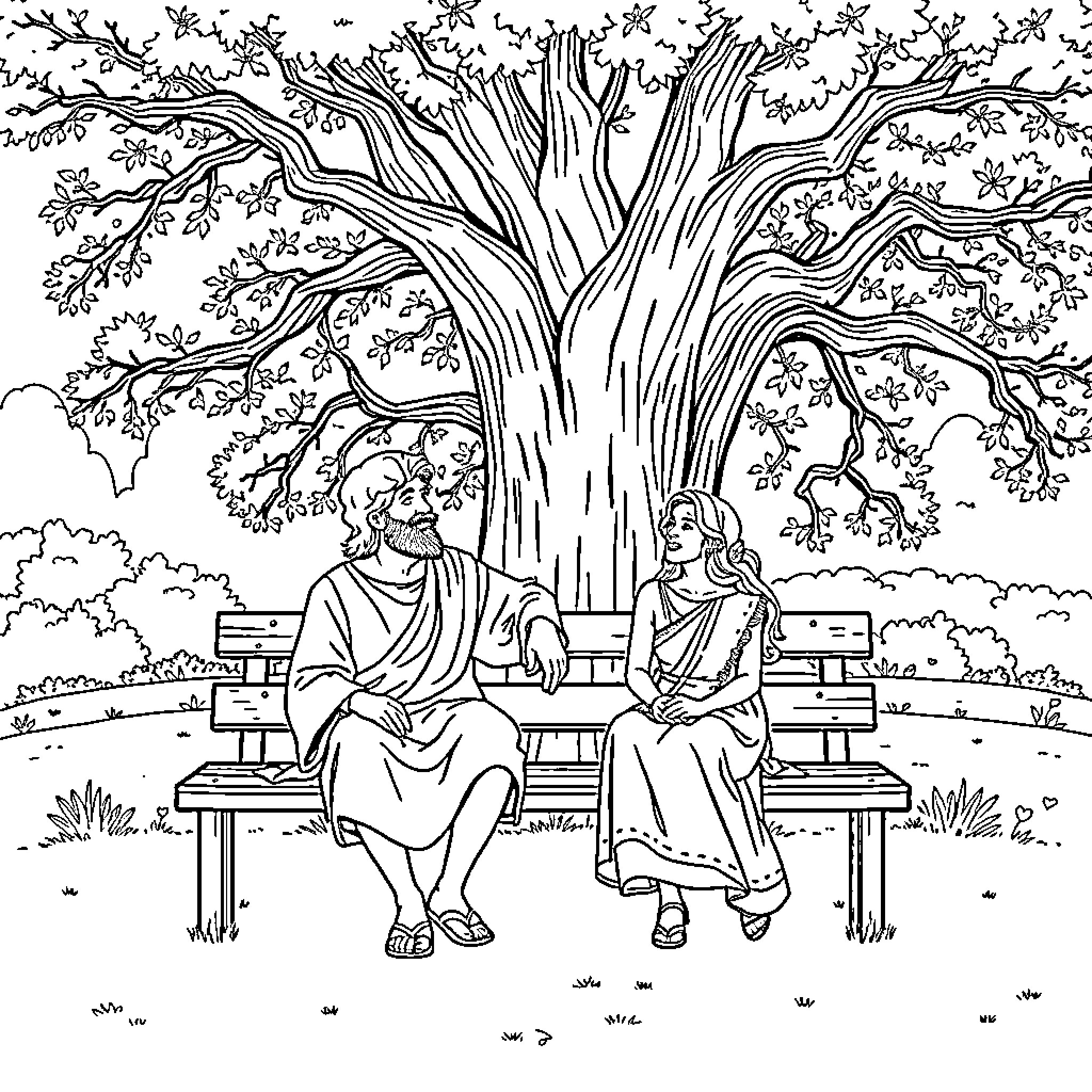 David and the Woman Sharing Wisdom Under the Tree Coloring Page (free black-and-white line drawing printable PDF for all, from beginners to advanced learners, including children, teens, adults, and seniors)