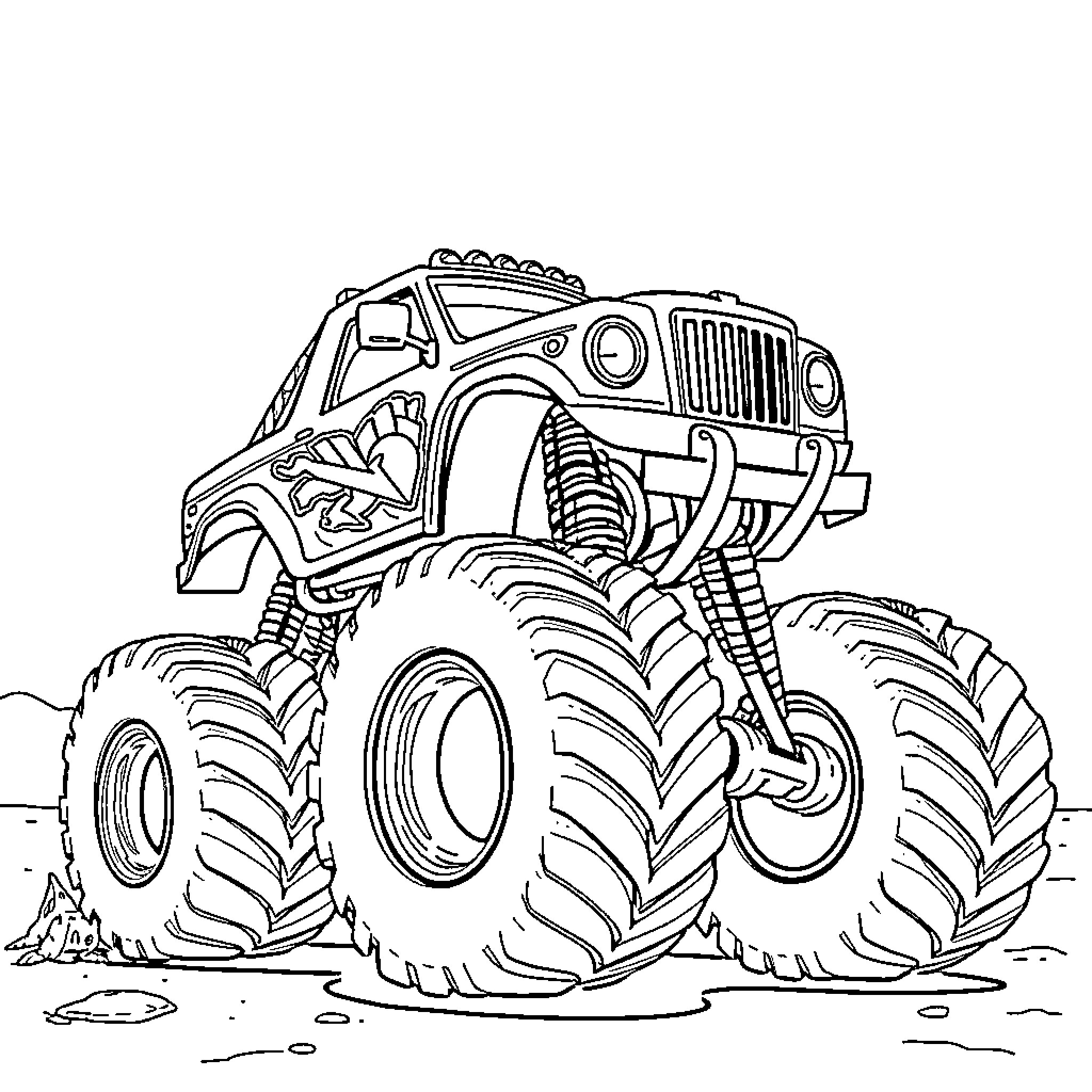 T-Rex Monster Truck Crushing Obstacles Coloring Page (free black-and-white line drawing printable PDF for all, from beginners to advanced learners, including children, teens, adults, and seniors)