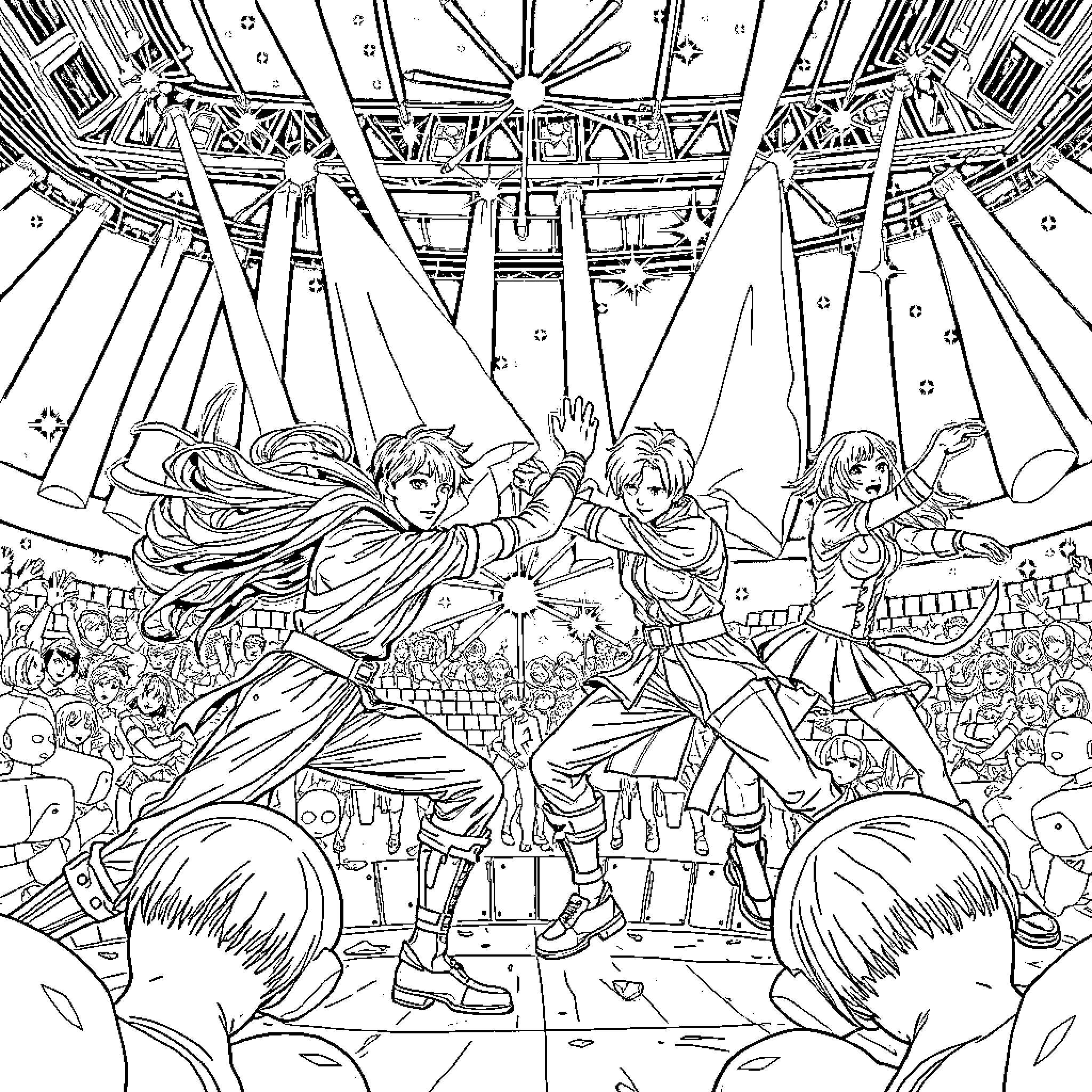 Kpop Warriors Captivating Audience with Energetic Performances Coloring Page (free black-and-white line drawing printable PDF for all, from beginners to advanced learners, including children, teens, adults, and seniors)
