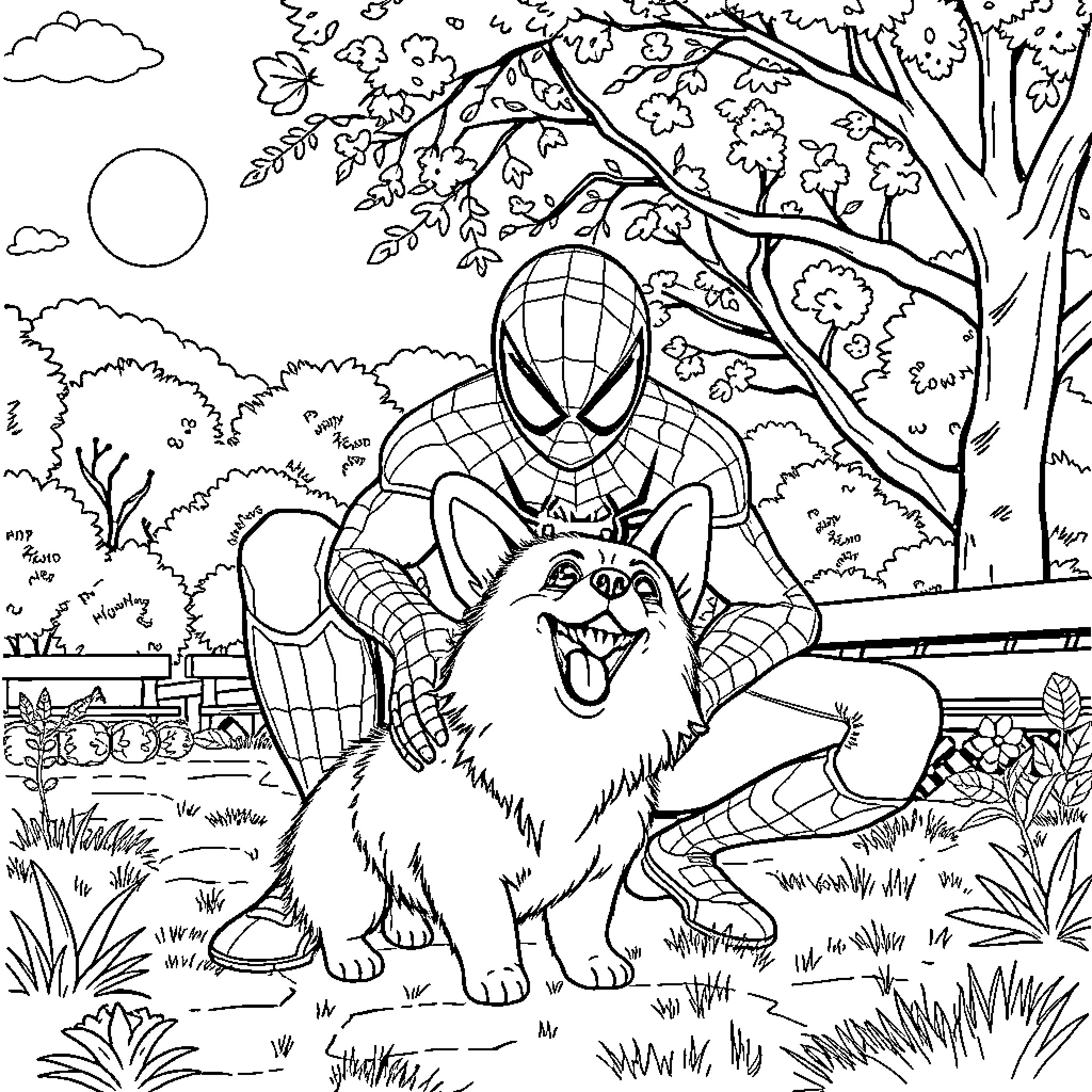 Spiderman's Friendly Encounter with a Furry Companion Coloring Page (free black-and-white line drawing printable PDF for all, from beginners to advanced learners, including children, teens, adults, and seniors)