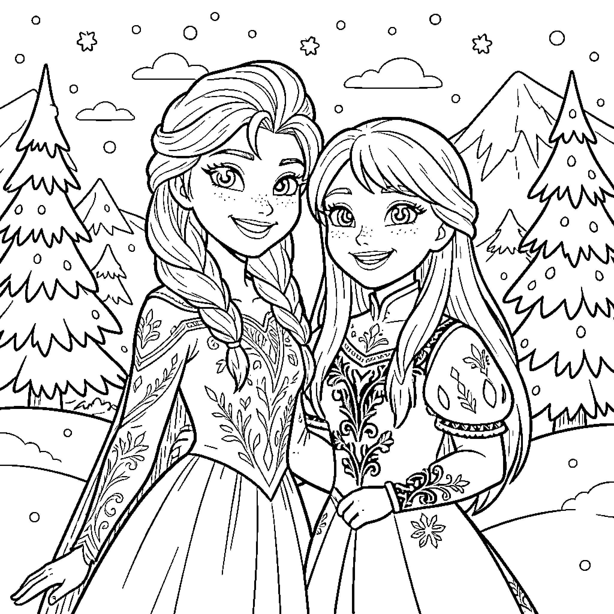Elsa and Anna in a Winter Wonderland Coloring Page (free black-and-white line drawing printable PDF for all, from beginners to advanced learners, including children, teens, adults, and seniors)
