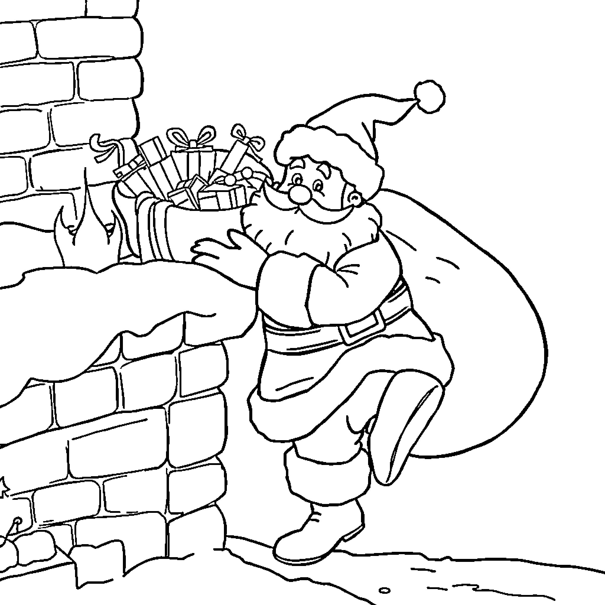 Santa Delivering Gifts Through Chimney Coloring Page (free black-and-white line drawing printable PDF for all, from beginners to advanced learners, including children, teens, adults, and seniors)