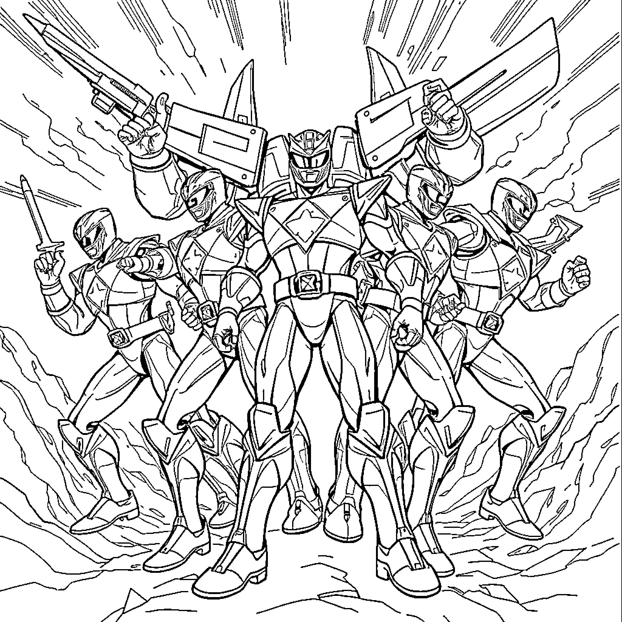 Power Rangers Uniting for Epic Battle Coloring Page (free black-and-white line drawing printable PDF for all, from beginners to advanced learners, including children, teens, adults, and seniors)