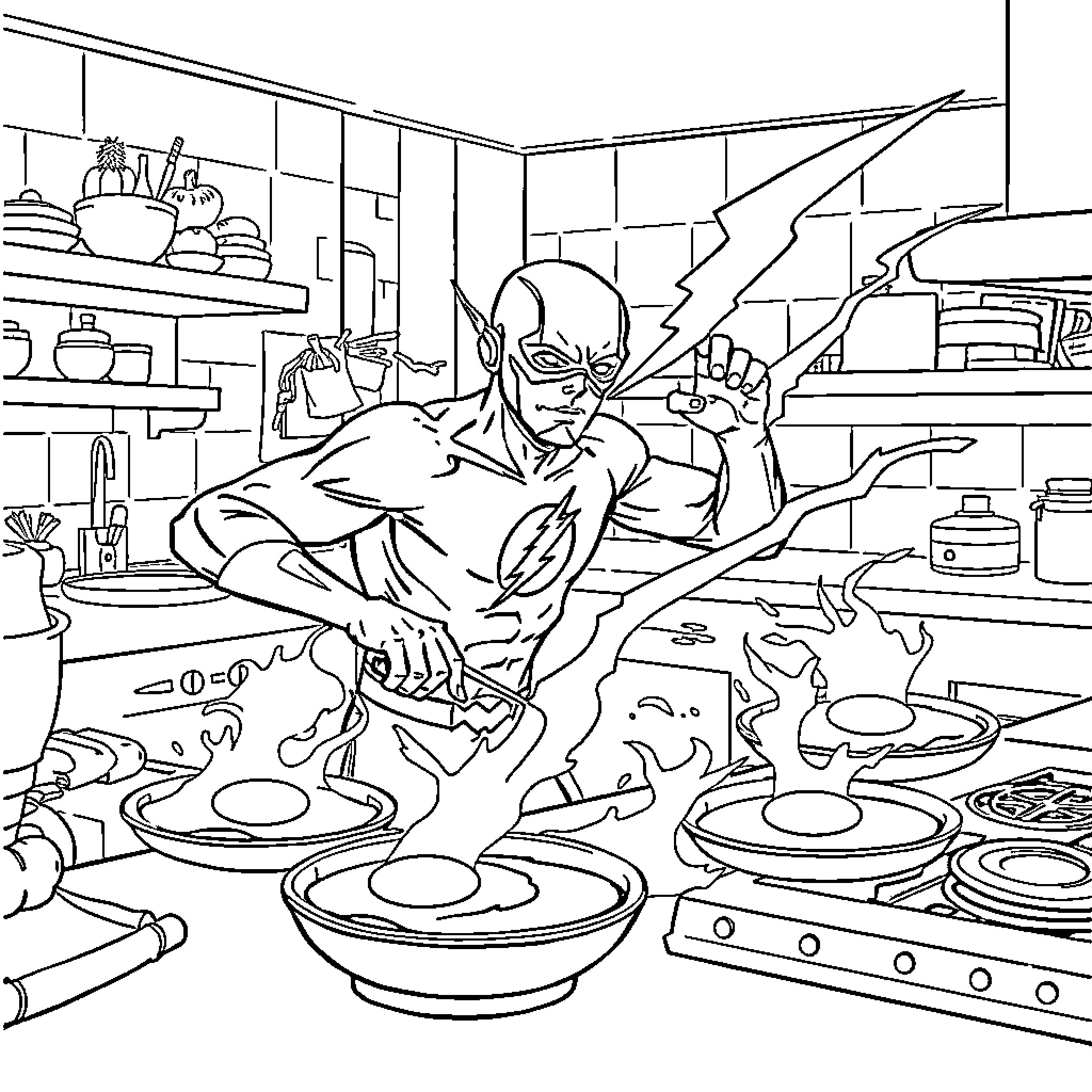 Flash Cooking up a Storm in the Kitchen Coloring Page (free black-and-white line drawing printable PDF for all, from beginners to advanced learners, including children, teens, adults, and seniors)