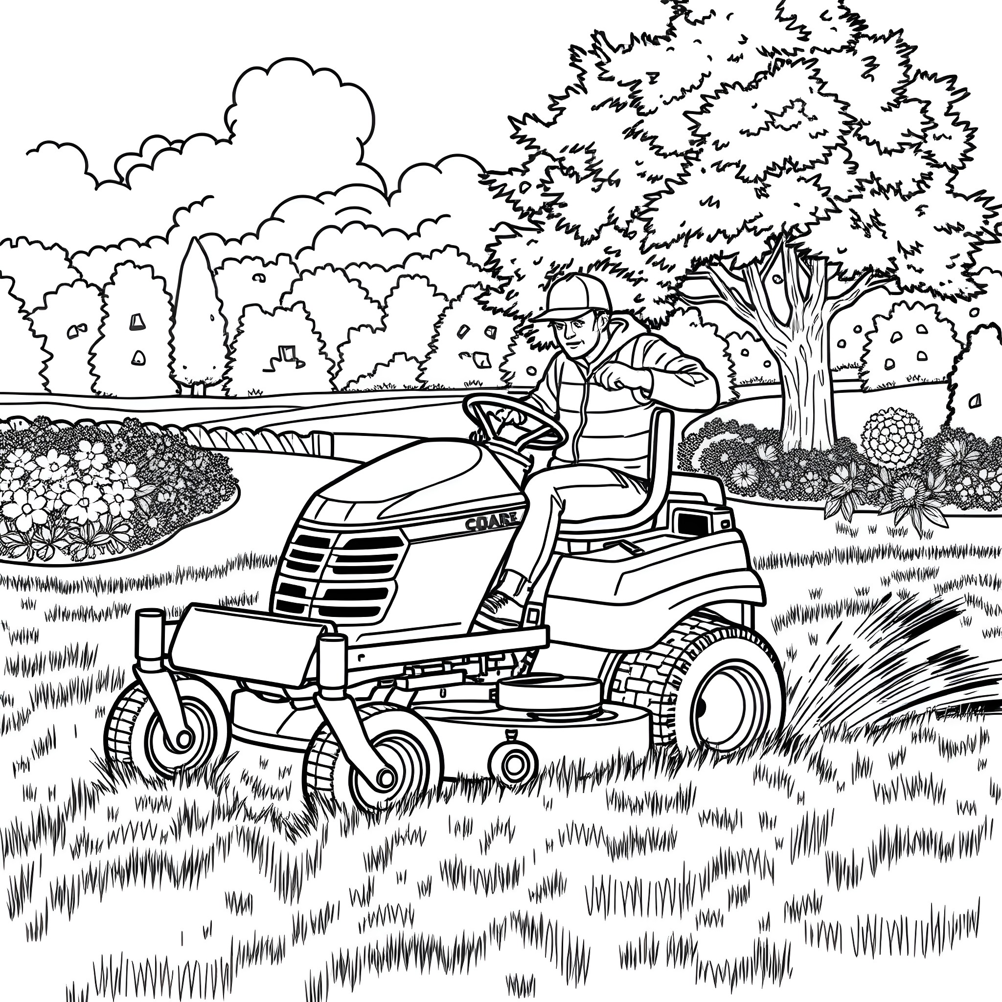 Man mowing lawn with lawn mower in scenic park Coloring Page (free black-and-white line drawing printable PDF for all, from beginners to advanced learners, including children, teens, adults, and seniors)