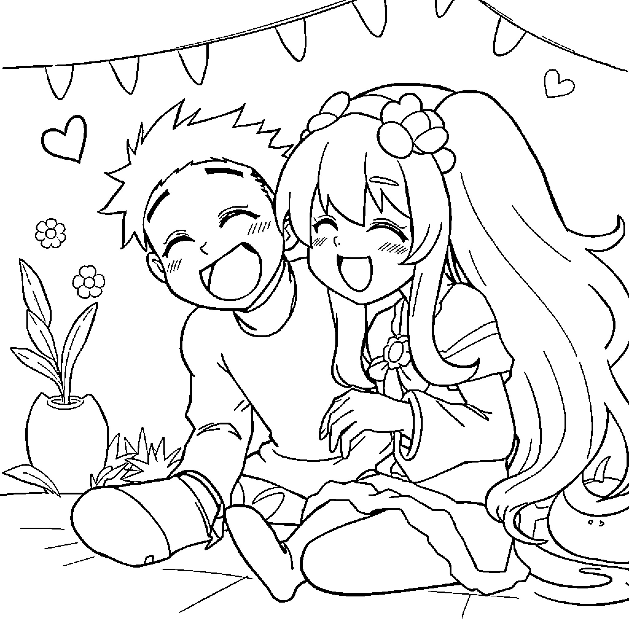 Makima and her companion in a joyful embrace Coloring Page (free black-and-white line drawing printable PDF for all, from beginners to advanced learners, including children, teens, adults, and seniors)