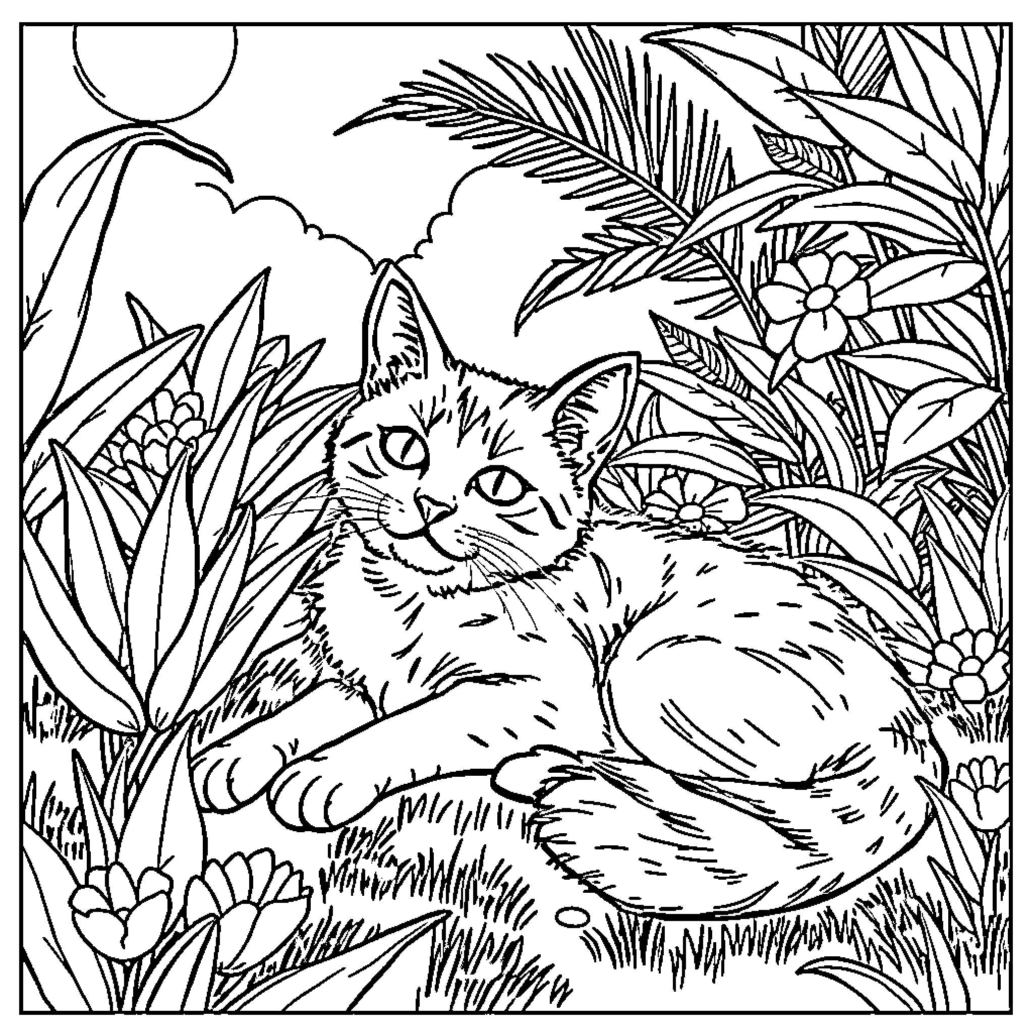 Cat lounging in tropical foliage Coloring Page (free black-and-white line drawing printable PDF for all, from beginners to advanced learners, including children, teens, adults, and seniors)