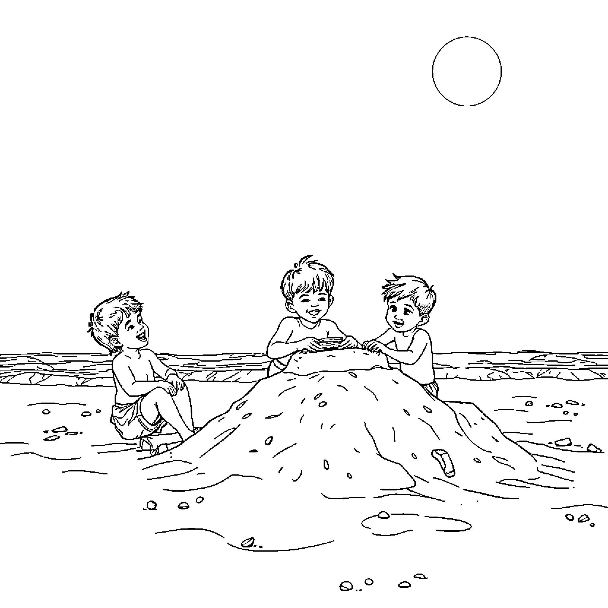 Niños playing at the beach Coloring Page (free black-and-white line drawing printable PDF for all, from beginners to advanced learners, including children, teens, adults, and seniors)