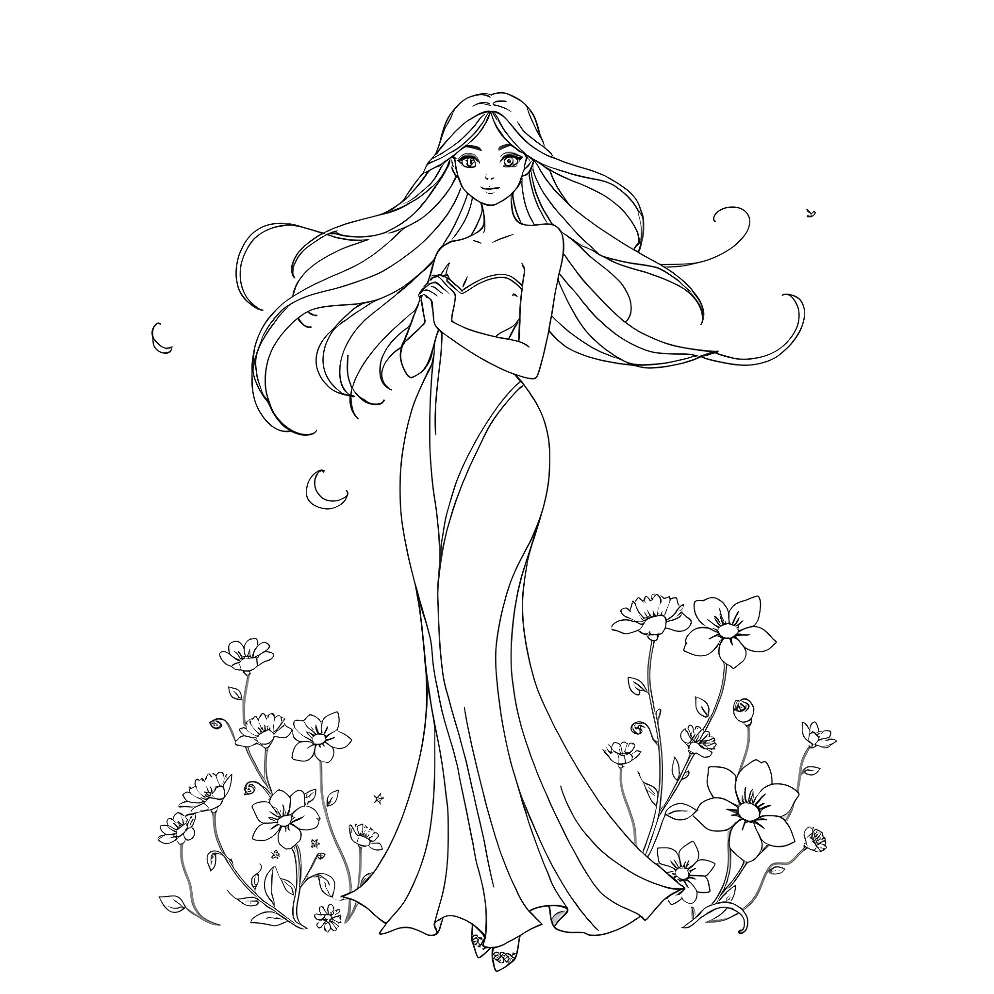 Alessia's Enchanting Floral Embrace Coloring Page (free black-and-white line drawing printable PDF for all, from beginners to advanced learners, including children, teens, adults, and seniors)