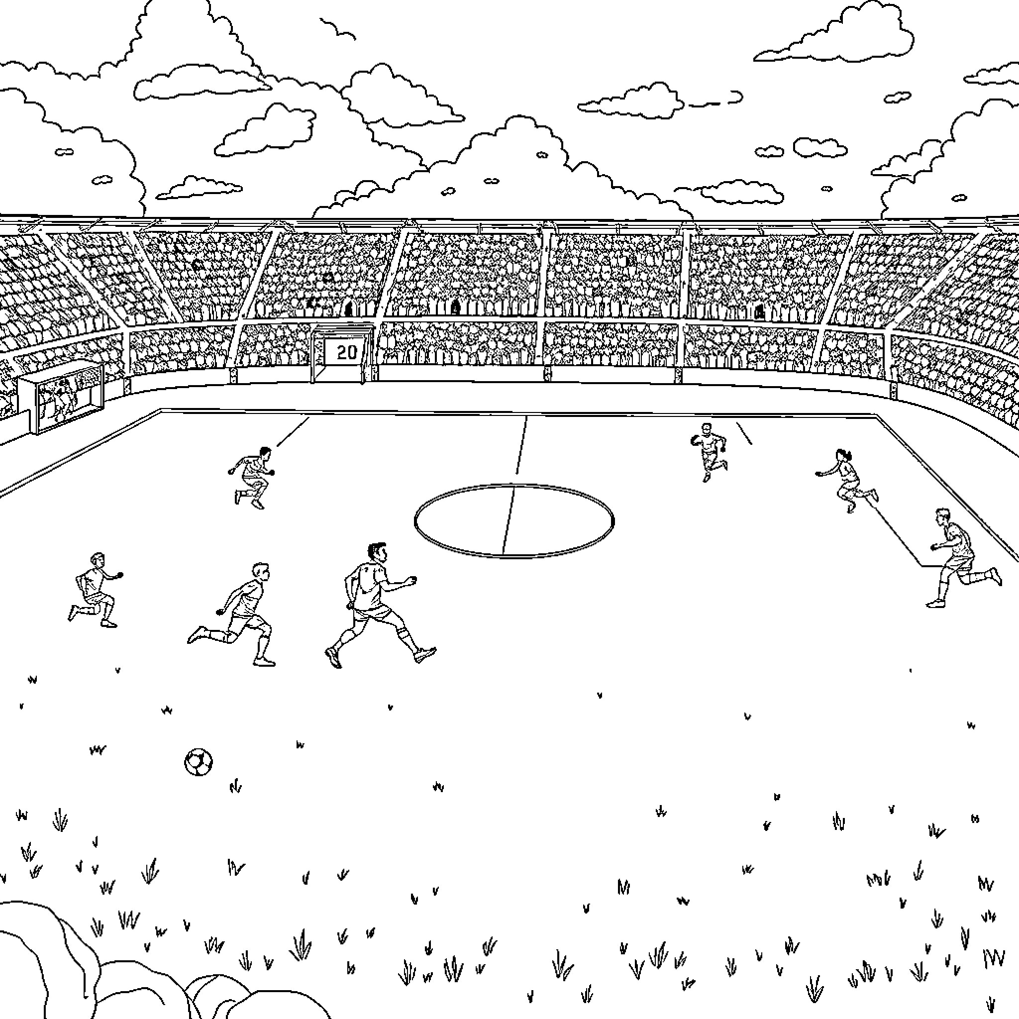 Football players competing in a stadium match Coloring Page (free black-and-white line drawing printable PDF for all, from beginners to advanced learners, including children, teens, adults, and seniors)