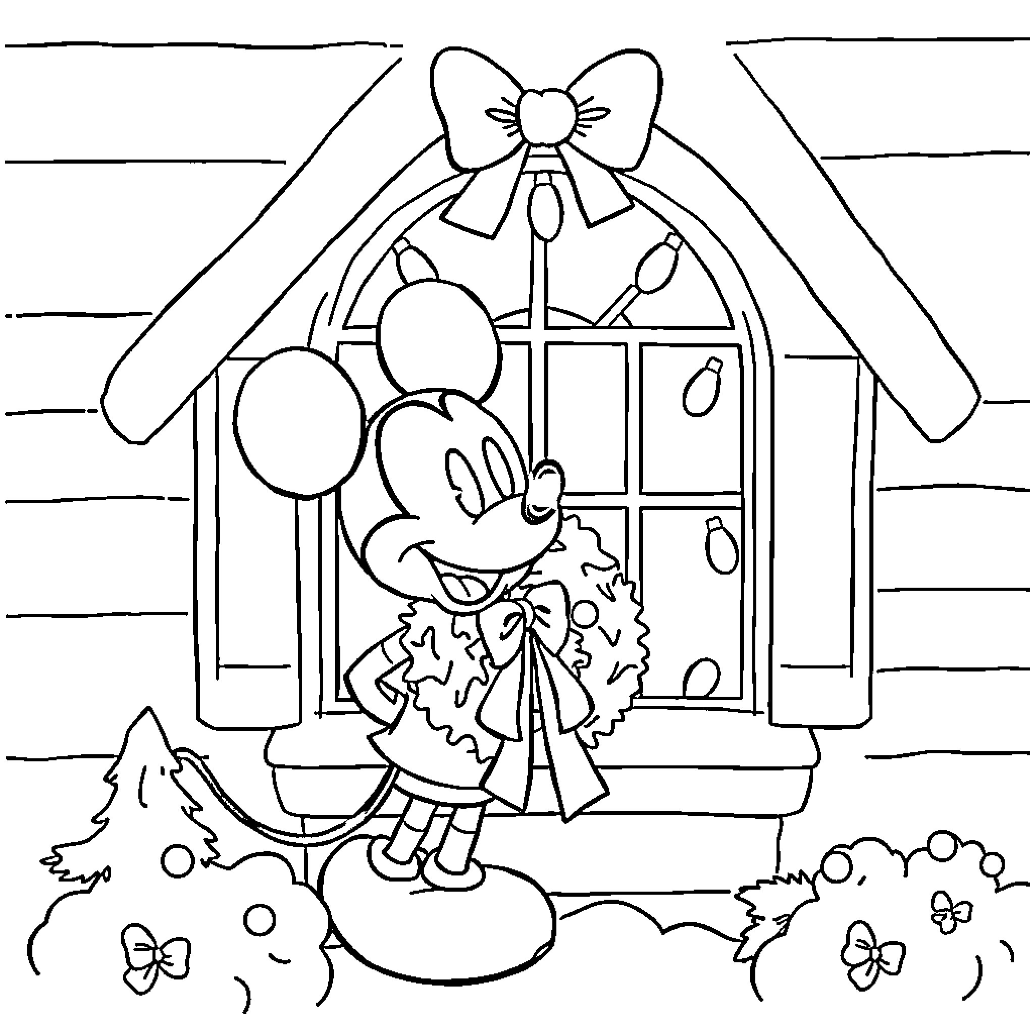 Mickey Mouse decorating for the holidays Coloring Page (free black-and-white line drawing printable PDF for all, from beginners to advanced learners, including children, teens, adults, and seniors)