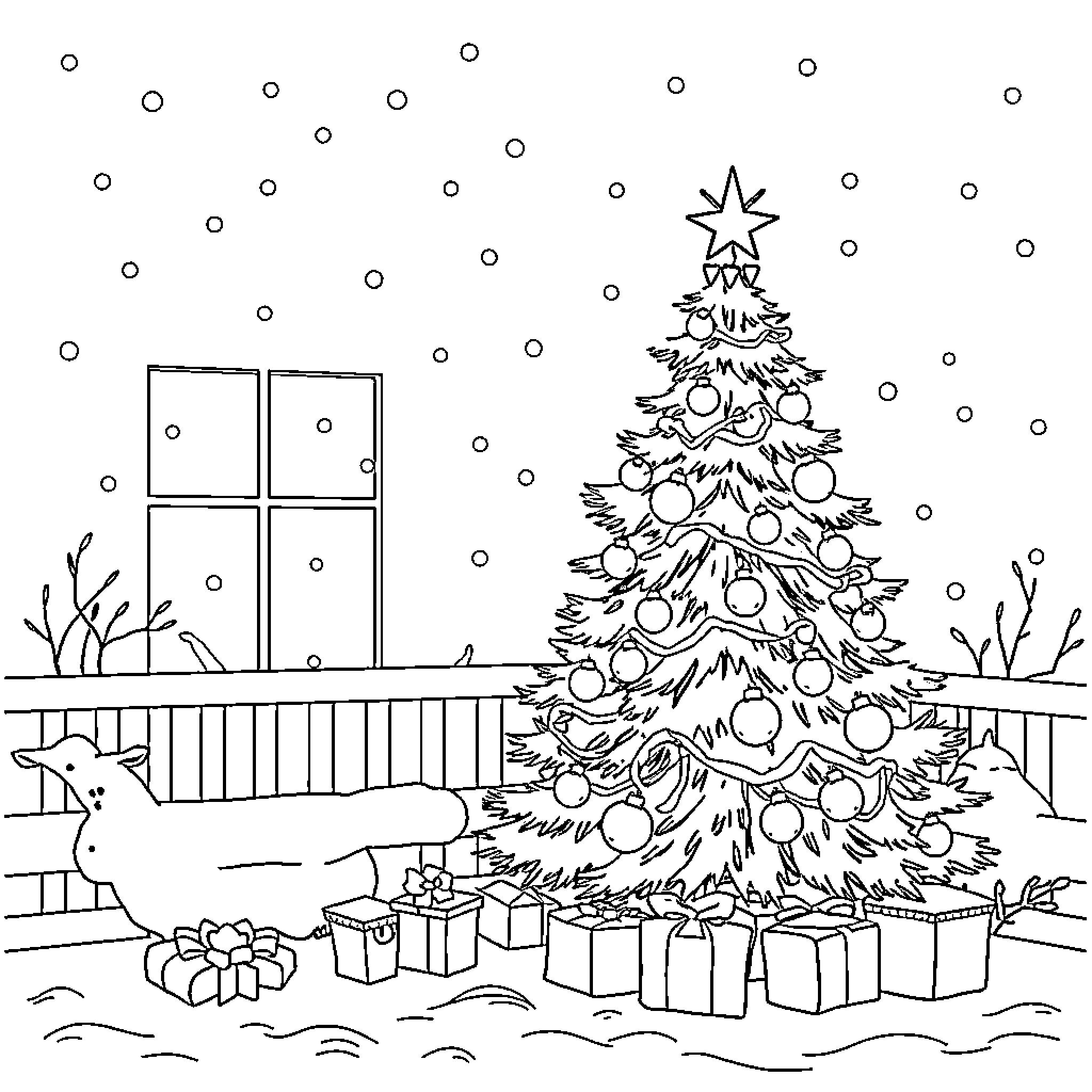 Christmas scene with decorated tree and gifts Coloring Page (free black-and-white line drawing printable PDF for all, from beginners to advanced learners, including children, teens, adults, and seniors)
