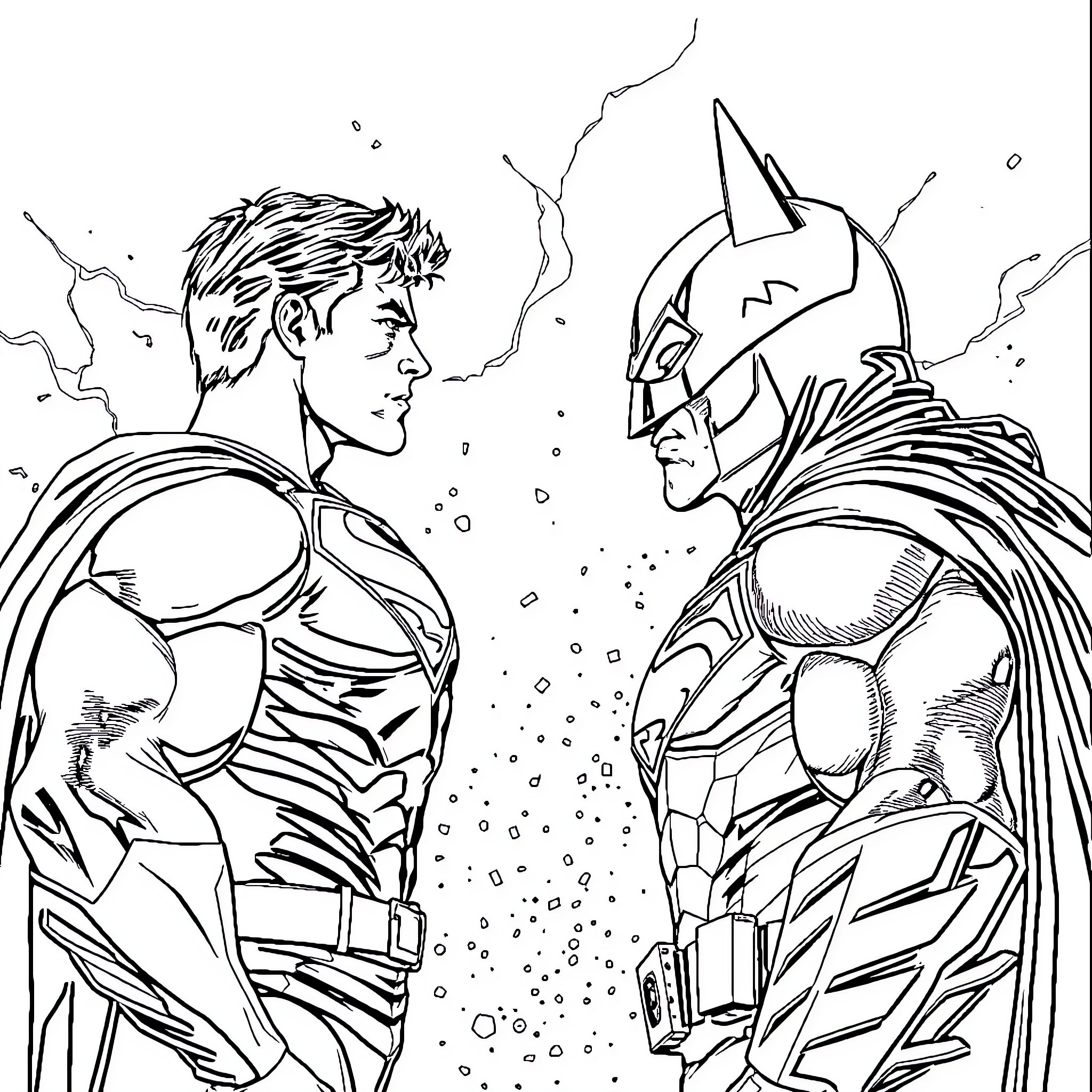 Superman vs Batman: Epic Showdown of Superheroes Coloring Page (free black-and-white line drawing printable PDF for all, from beginners to advanced learners, including children, teens, adults, and seniors)
