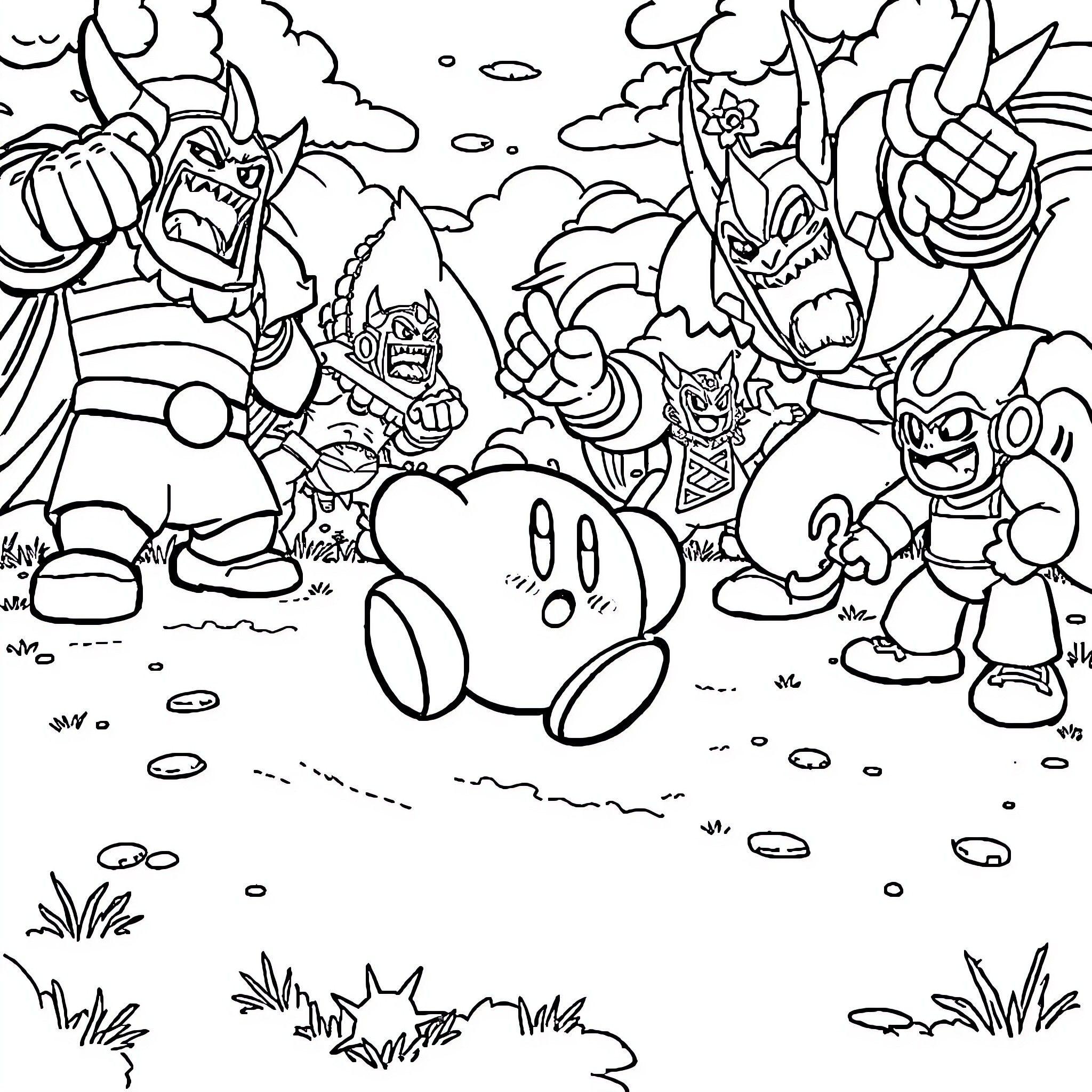Kirby battling with monstrous foes in a fantastical scene Coloring Page (free black-and-white line drawing printable PDF for all, from beginners to advanced learners, including children, teens, adults, and seniors)