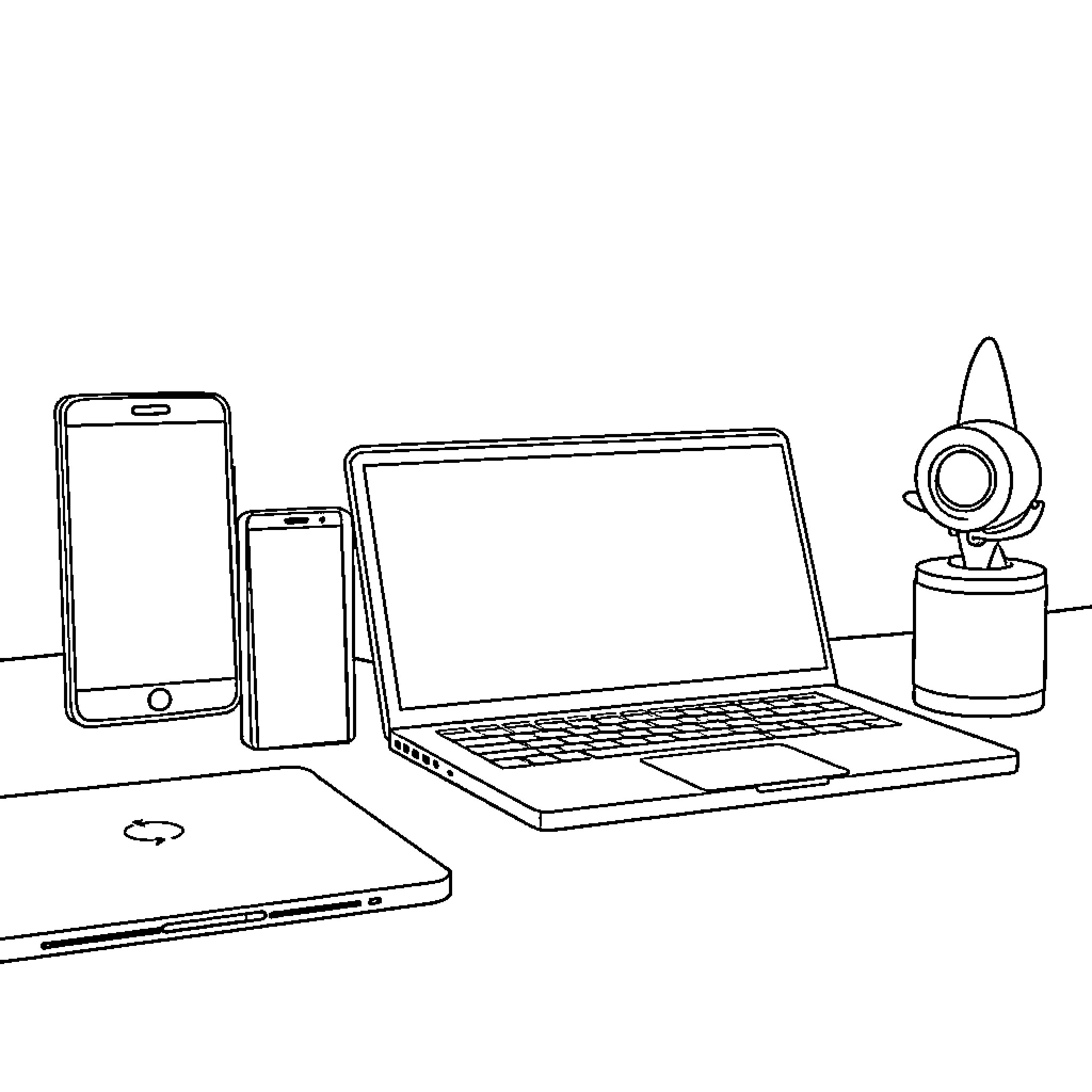 Tech Setup with Laptop, Devices, and Accessories Coloring Page (free black-and-white line drawing printable PDF for all, from beginners to advanced learners, including children, teens, adults, and seniors)