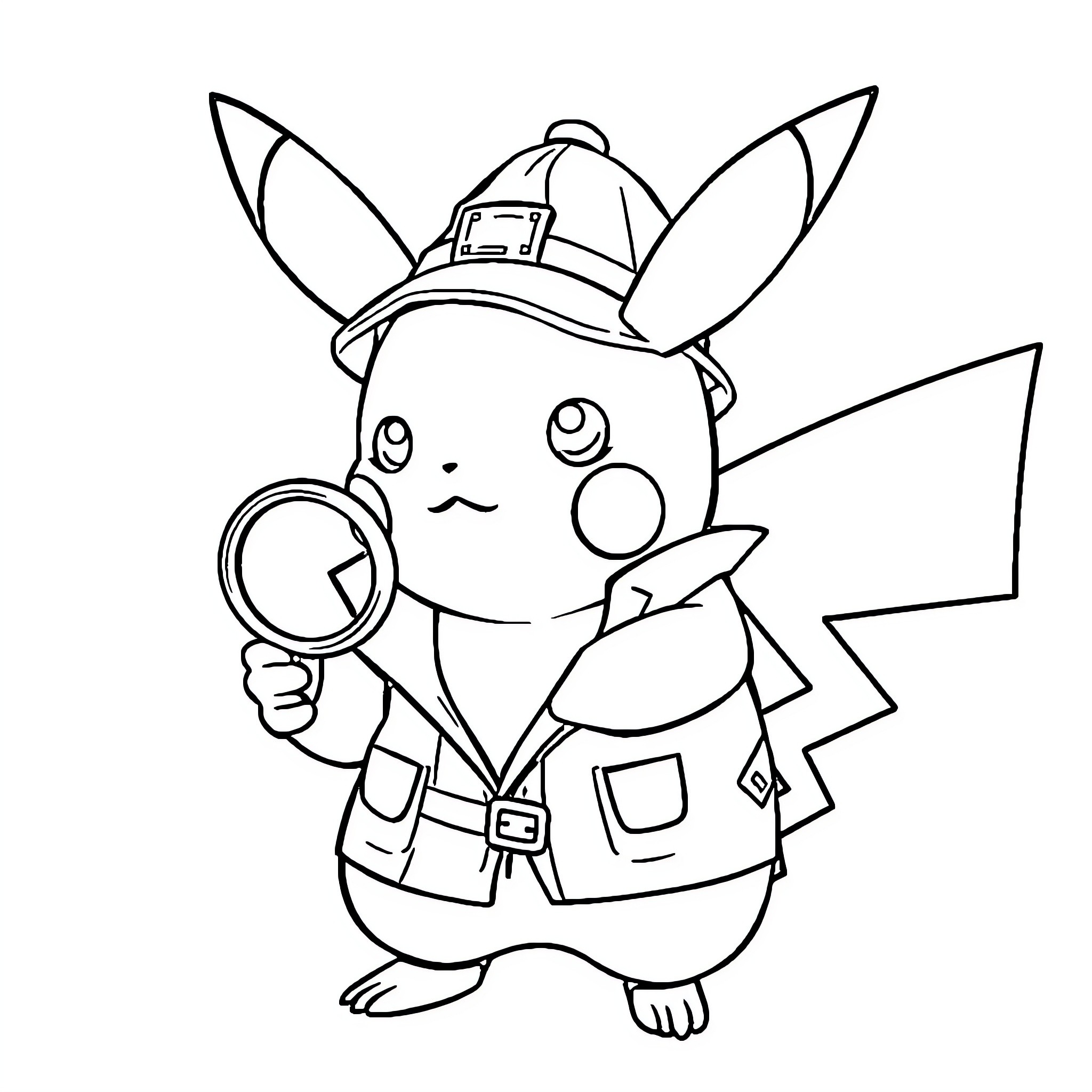 Pikachu the detective examining clues Coloring Page (free black-and-white line drawing printable PDF for all, from beginners to advanced learners, including children, teens, adults, and seniors)