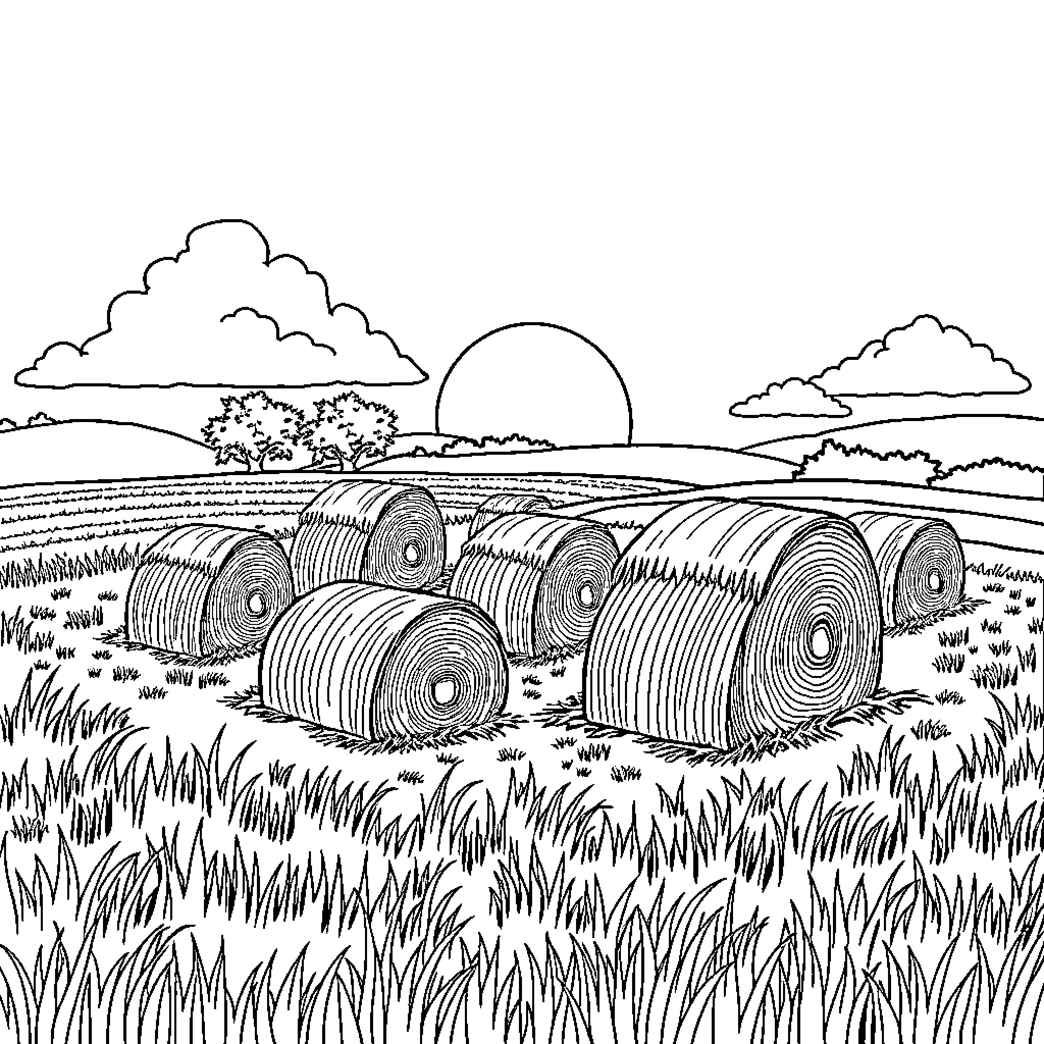 Hay Stack Scene of Countryside Landscape Coloring Page (free black-and-white line drawing printable PDF for all, from beginners to advanced learners, including children, teens, adults, and seniors)
