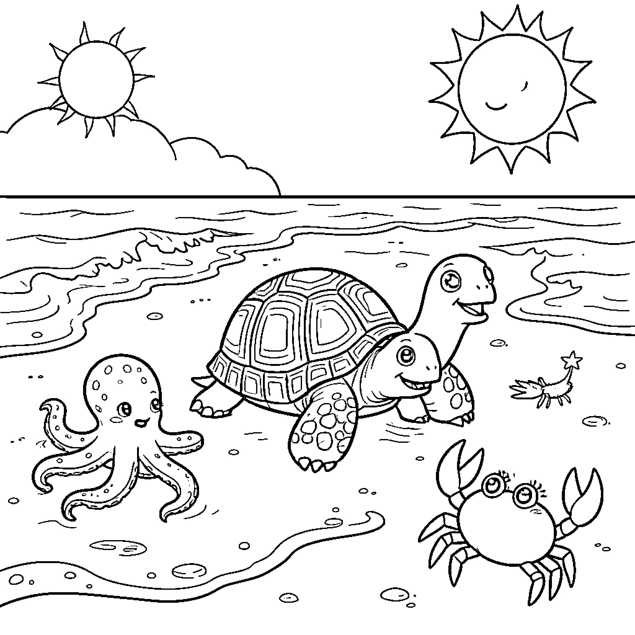 Turtle smiling with octopus and crab on beach Coloring Page (free black-and-white line drawing printable PDF for all, from beginners to advanced learners, including children, teens, adults, and seniors)