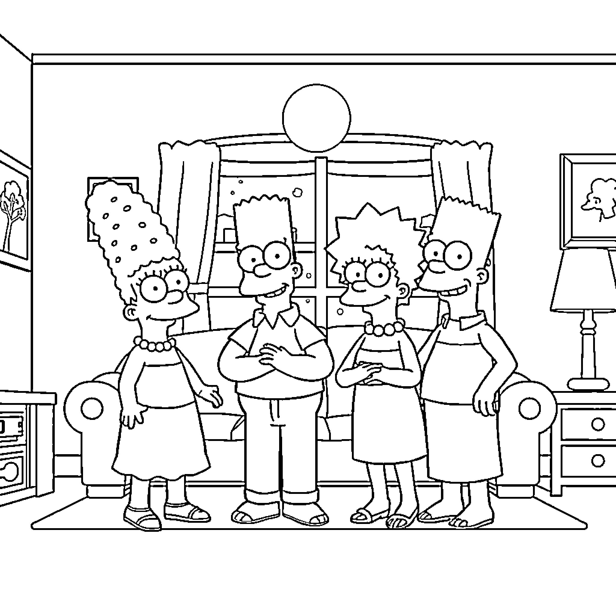 Simpson family portrait in living room Coloring Page (free black-and-white line drawing printable PDF for all, from beginners to advanced learners, including children, teens, adults, and seniors)