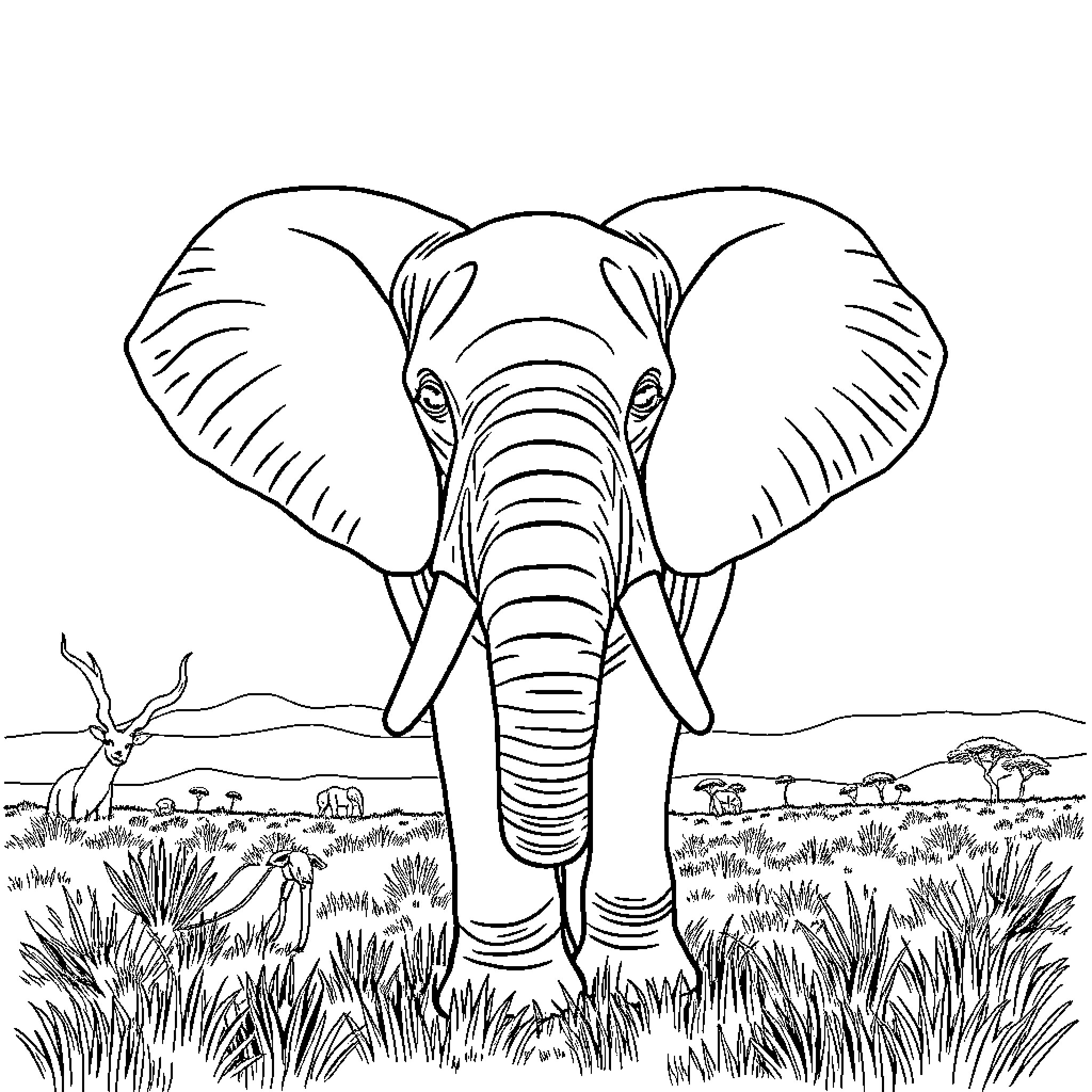 Elephant standing tall in the African savanna Coloring Page (free black-and-white line drawing printable PDF for all, from beginners to advanced learners, including children, teens, adults, and seniors)