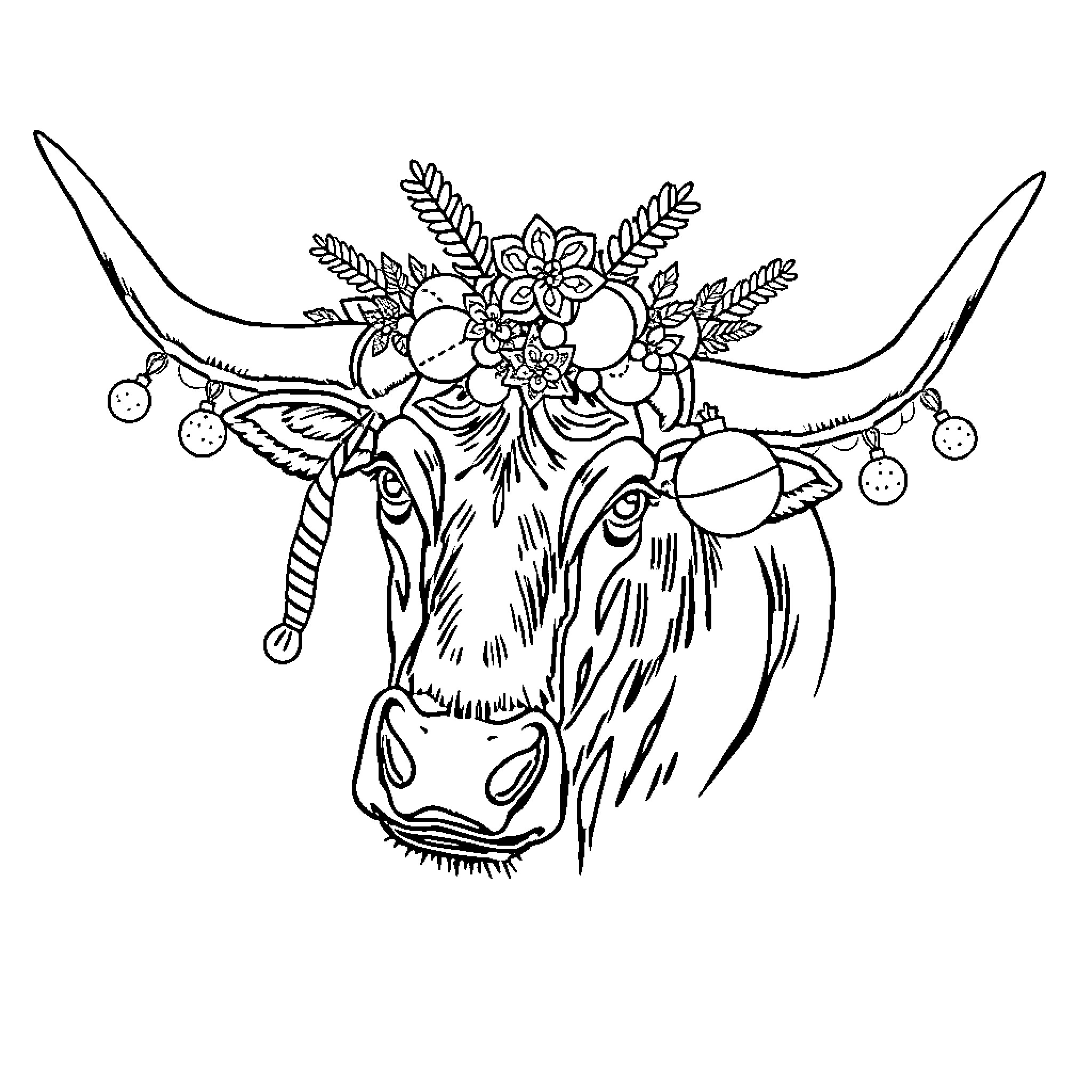 Longhorn with Floral Adornments Coloring Page (free black-and-white line drawing printable PDF for all, from beginners to advanced learners, including children, teens, adults, and seniors)