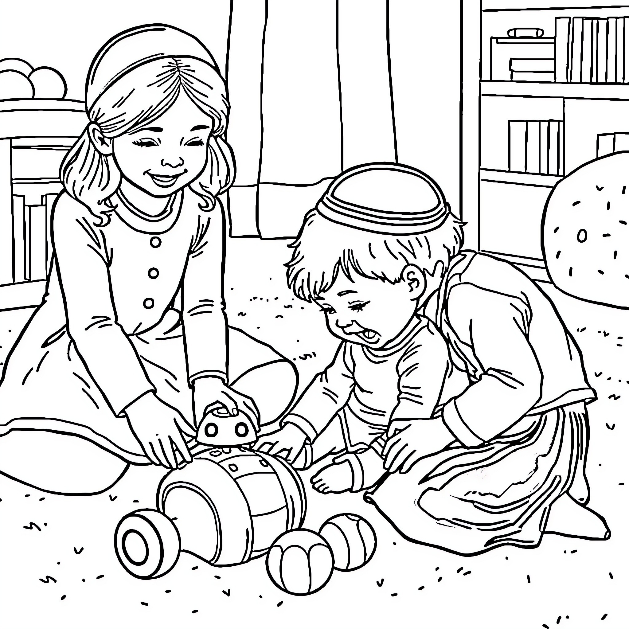 Girl helping younger child play with toys Coloring Page (free black-and-white line drawing printable PDF for all, from beginners to advanced learners, including children, teens, adults, and seniors)