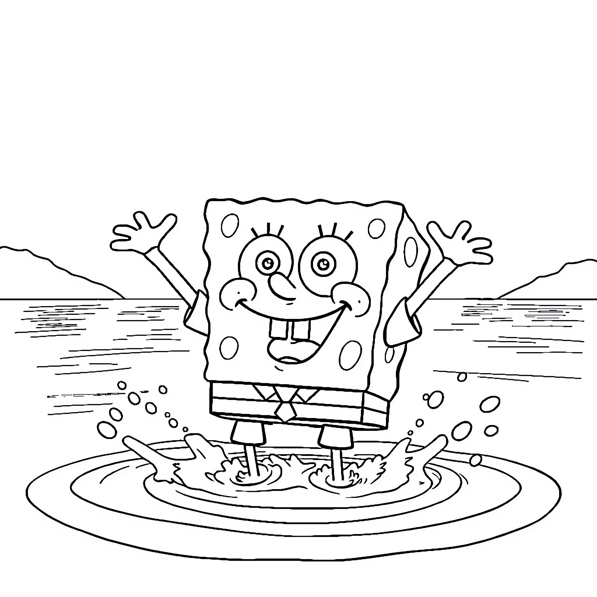 Spongebob playing joyfully in the water Coloring Page (free black-and-white line drawing printable PDF for all, from beginners to advanced learners, including children, teens, adults, and seniors)