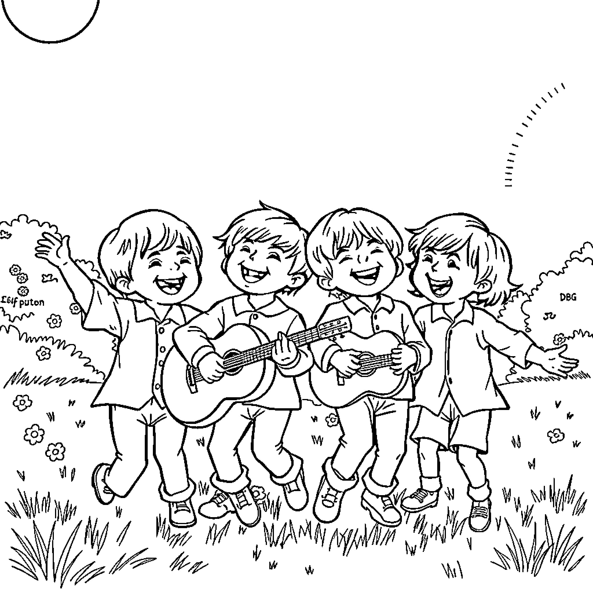 Beatles Perform Joyfully in a Grassy Field Coloring Page (free black-and-white line drawing printable PDF for all, from beginners to advanced learners, including children, teens, adults, and seniors)