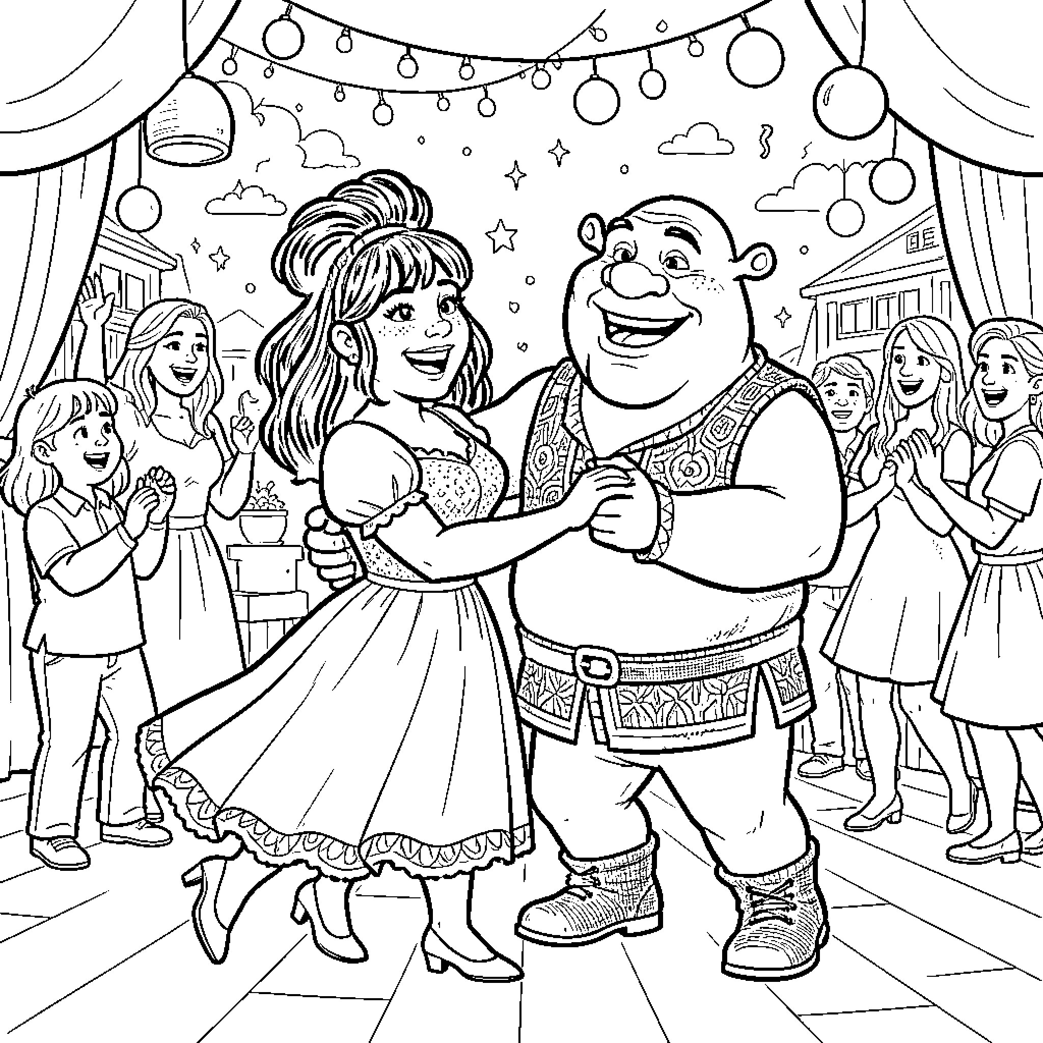 Fiona dancing happily with an ogre at a celebration Coloring Page (free black-and-white line drawing printable PDF for all, from beginners to advanced learners, including children, teens, adults, and seniors)