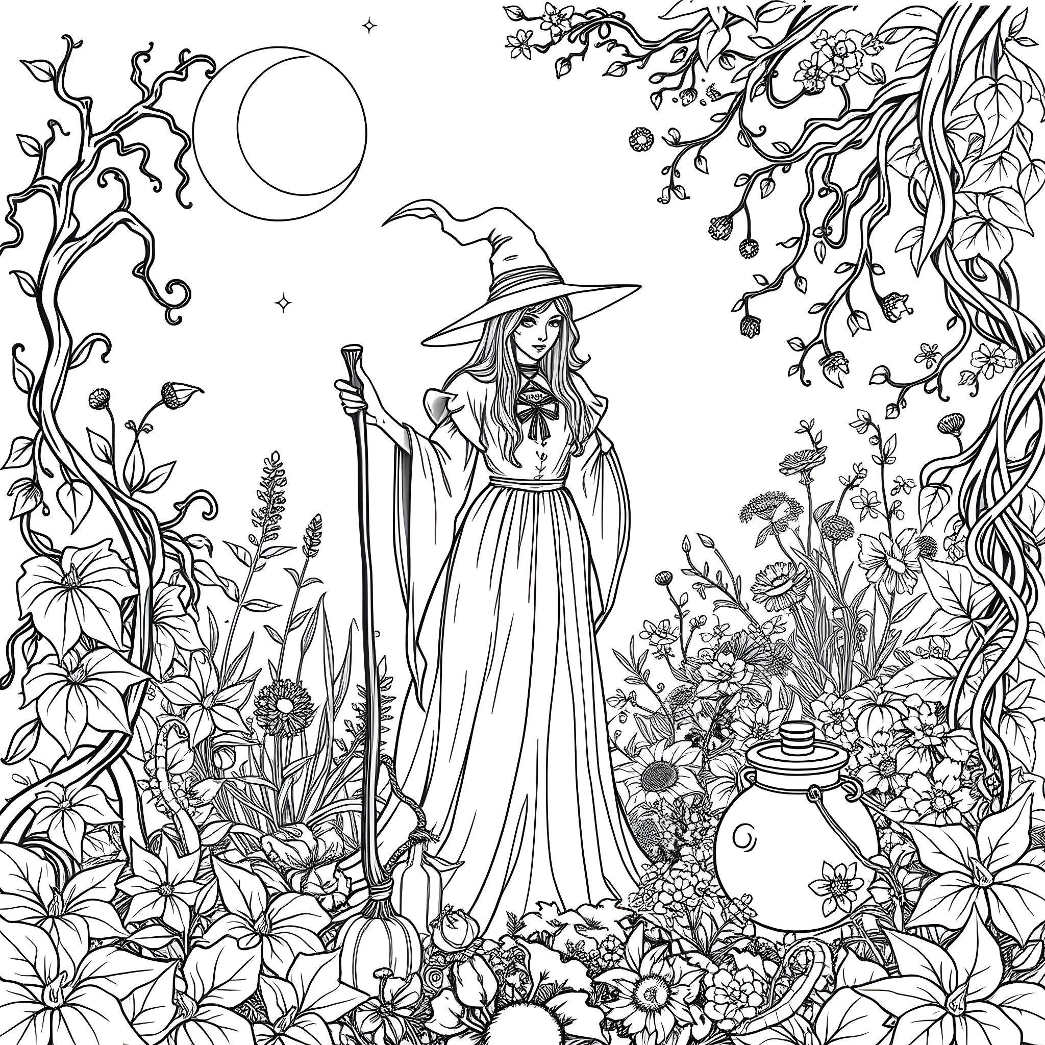 Witch in Enchanting Floral Garden Coloring Page (free black-and-white line drawing printable PDF for all, from beginners to advanced learners, including children, teens, adults, and seniors)