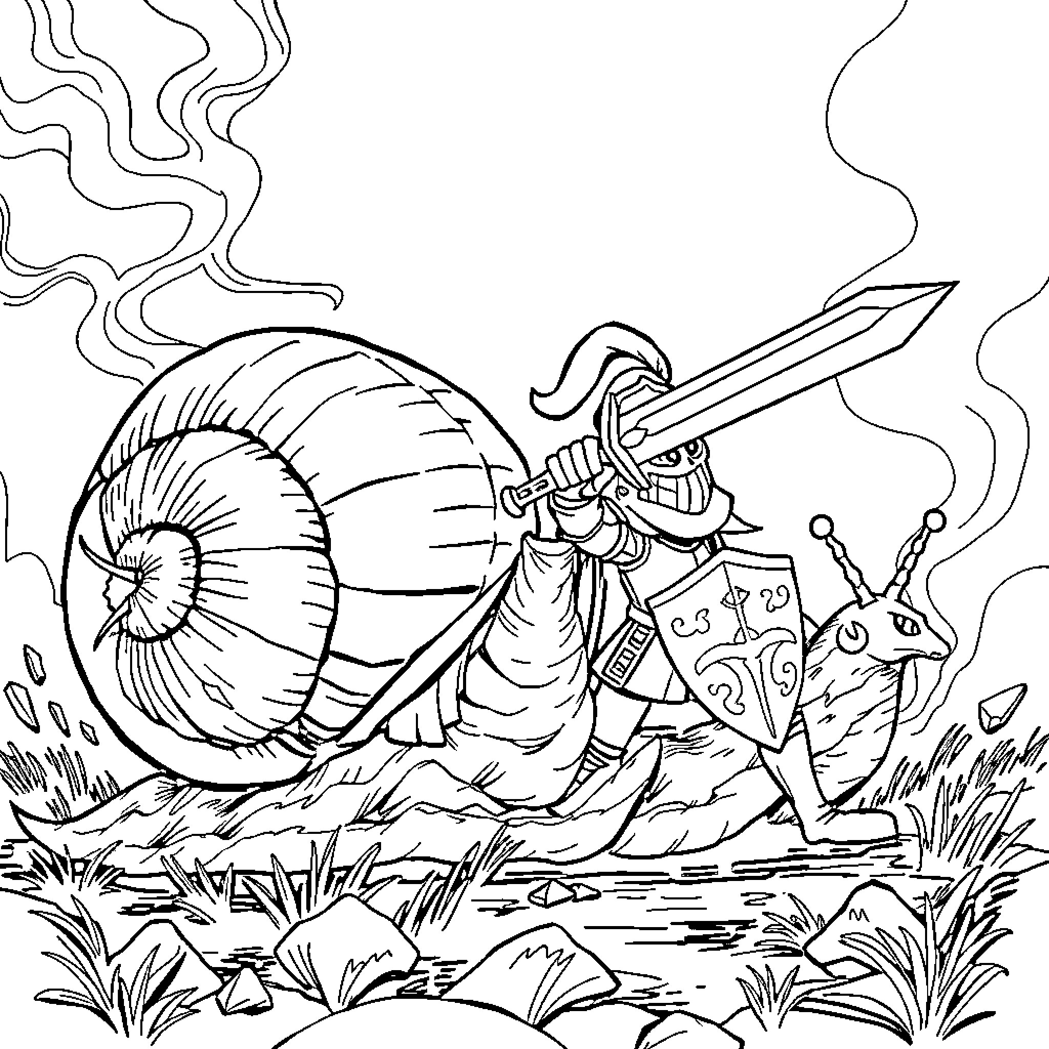Knight battles giant snail with sword and shield Coloring Page (free black-and-white line drawing printable PDF for all, from beginners to advanced learners, including children, teens, adults, and seniors)