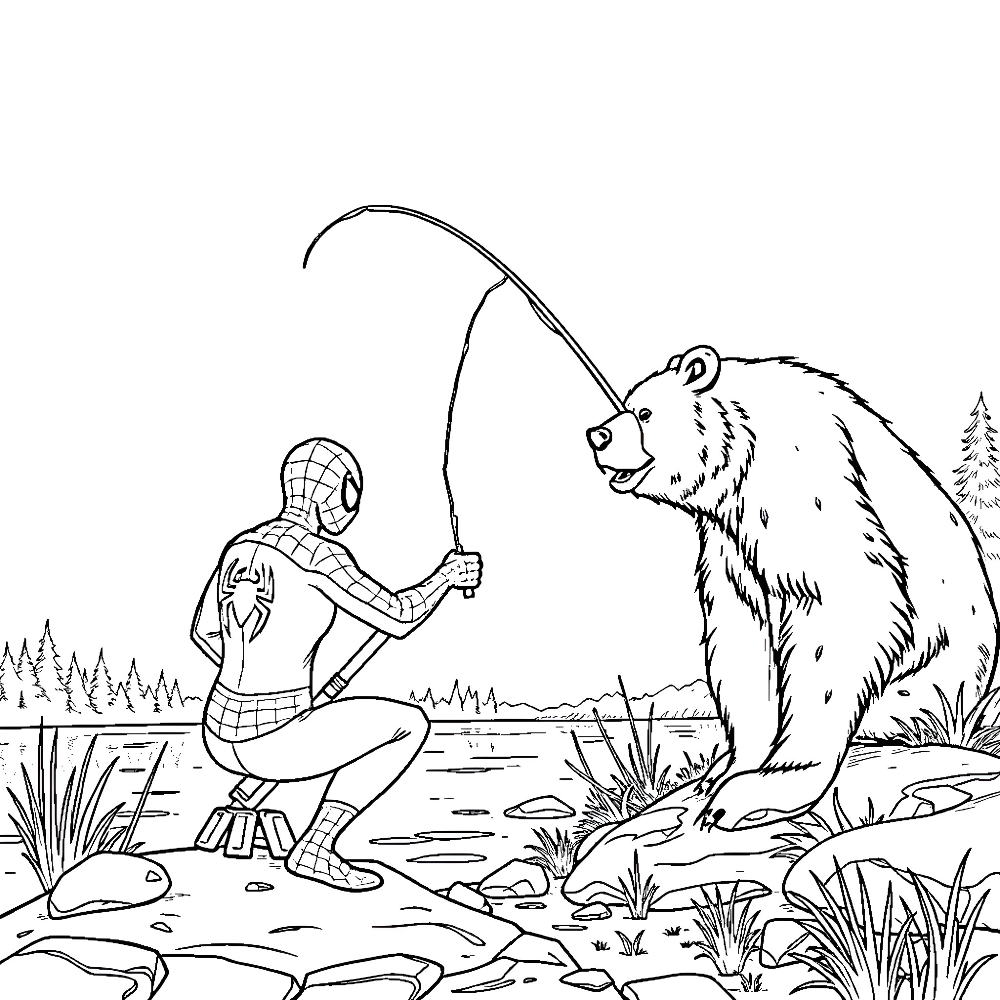 Spiderman encounters a large bear in the wilderness Coloring Page (free black-and-white line drawing printable PDF for all, from beginners to advanced learners, including children, teens, adults, and seniors)