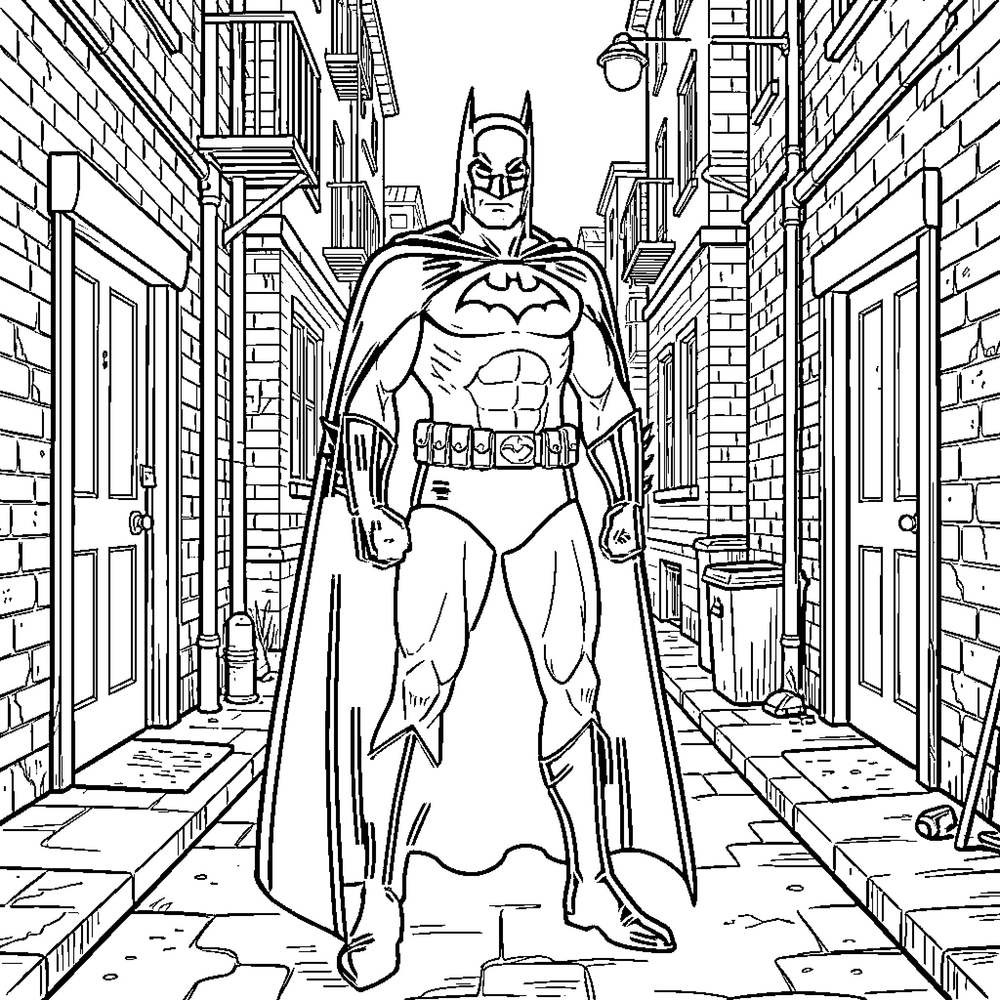 Batman Patrolling the Gritty Alleyways of Gotham City Coloring Page (free black-and-white line drawing printable PDF for all, from beginners to advanced learners, including children, teens, adults, and seniors)
