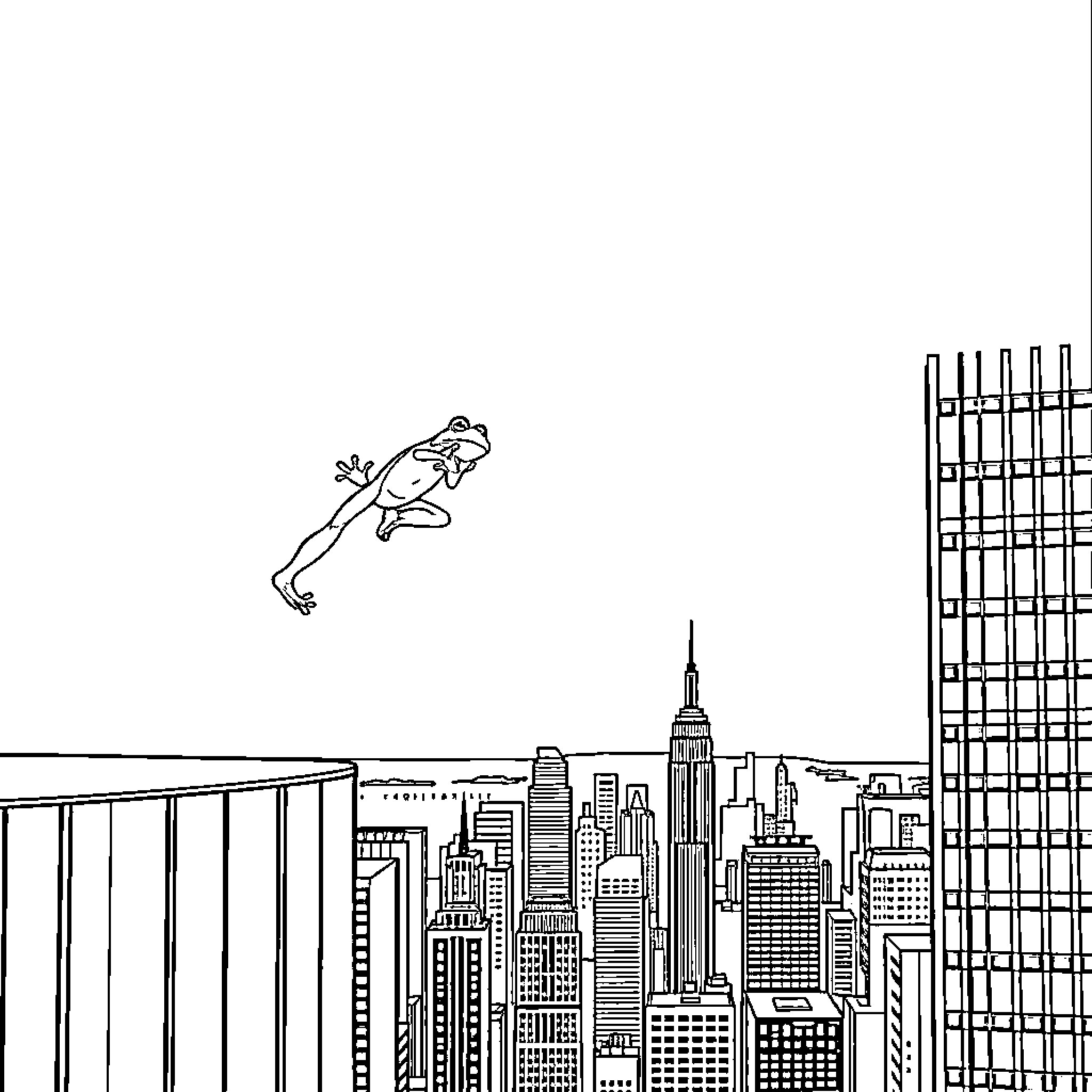 Frog leaping through a city skyline Coloring Page (free black-and-white line drawing printable PDF for all, from beginners to advanced learners, including children, teens, adults, and seniors)