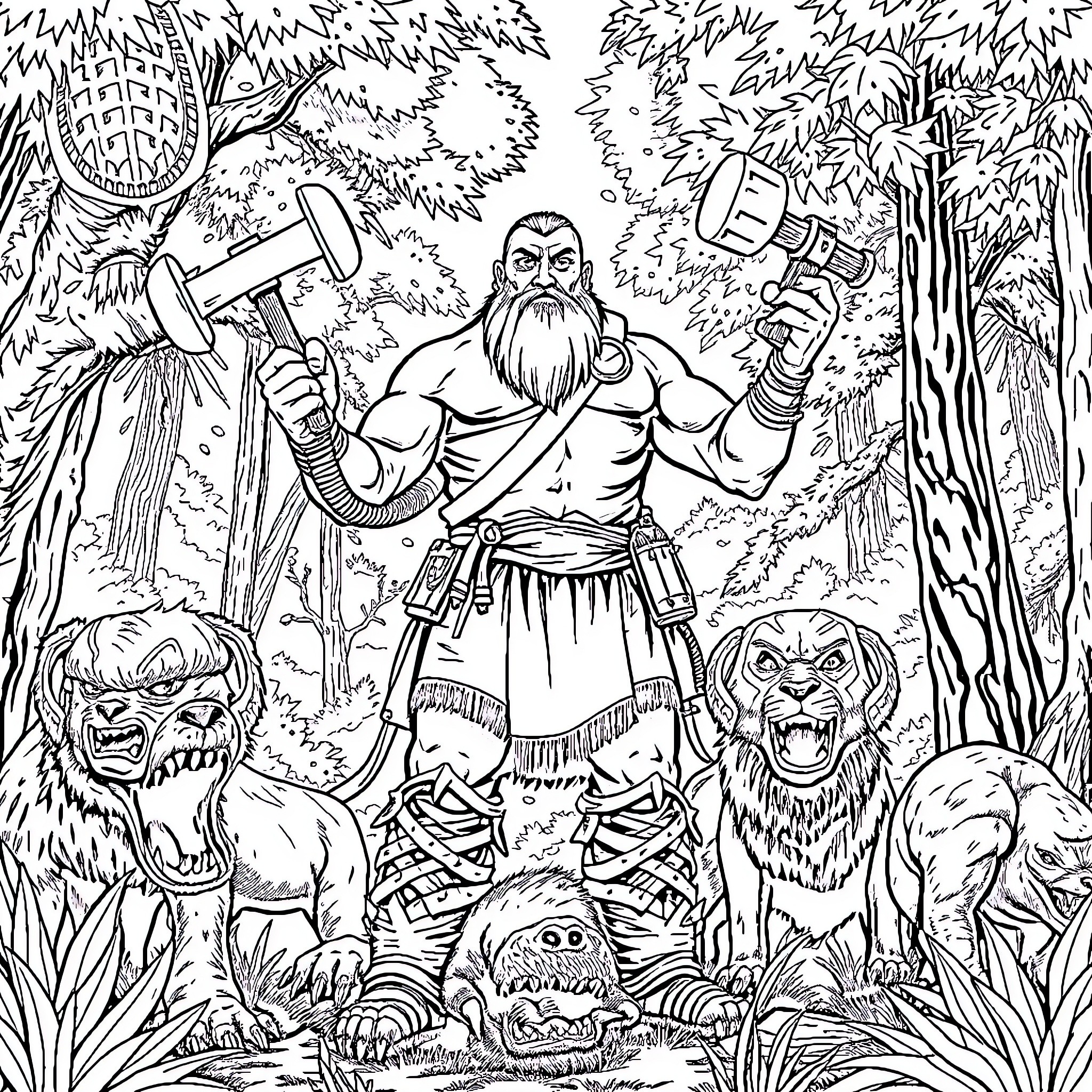 Man battles dangerous creatures in the wilderness Coloring Page (free black-and-white line drawing printable PDF for all, from beginners to advanced learners, including children, teens, adults, and seniors)
