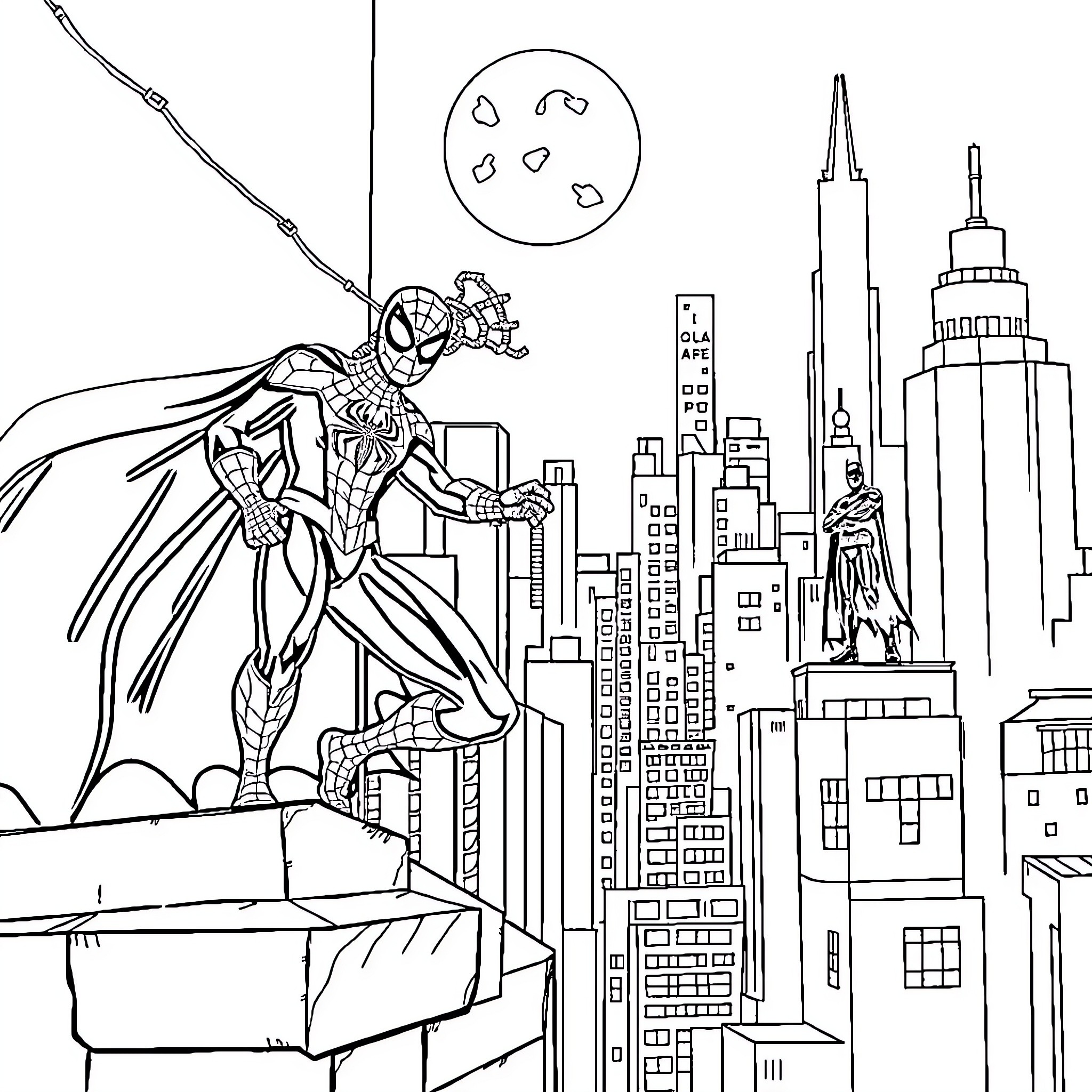 Spiderman swinging through the city at night Coloring Page (free black-and-white line drawing printable PDF for all, from beginners to advanced learners, including children, teens, adults, and seniors)