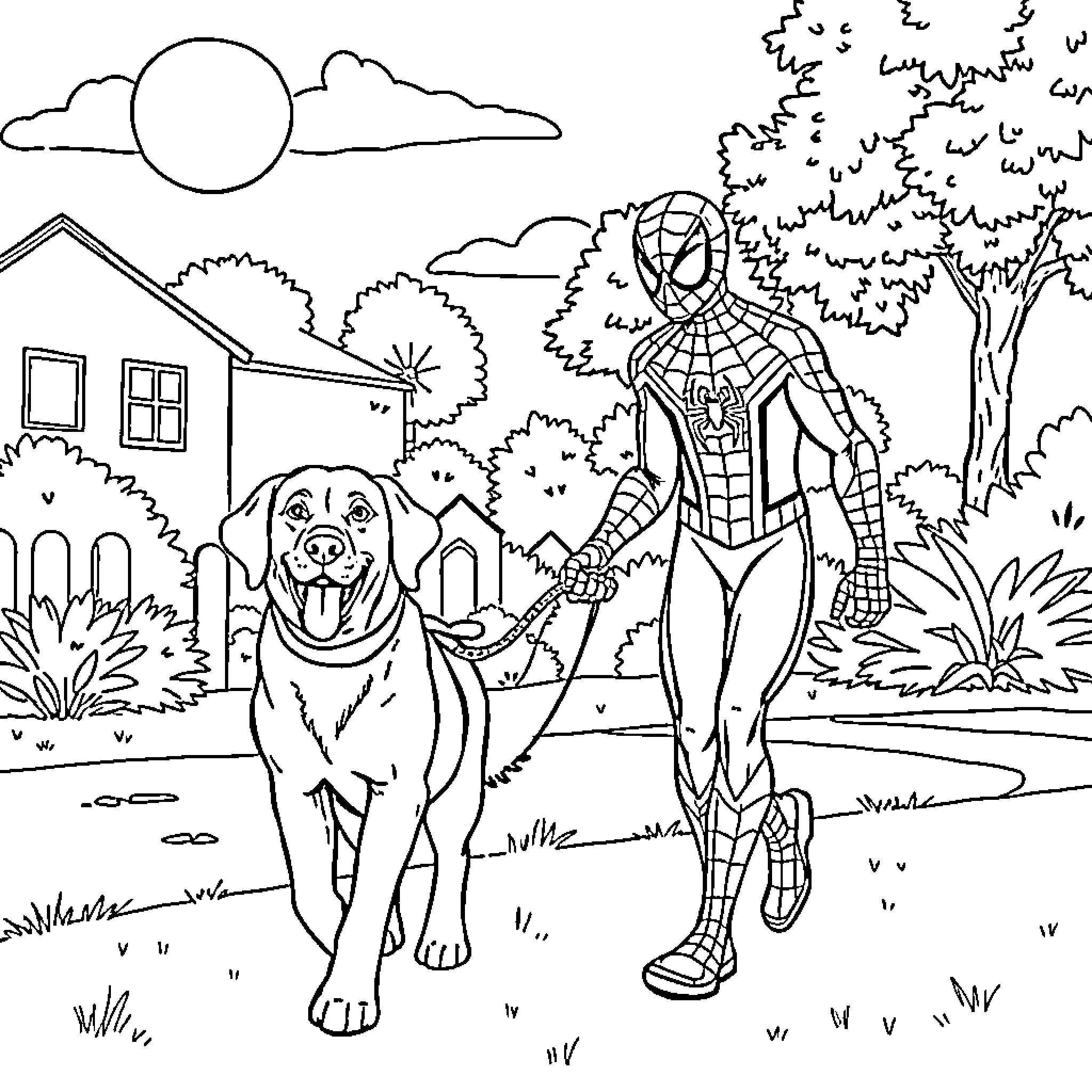 Spiderman playing with a friendly dog in the neighborhood Coloring Page (free black-and-white line drawing printable PDF for all, from beginners to advanced learners, including children, teens, adults, and seniors)