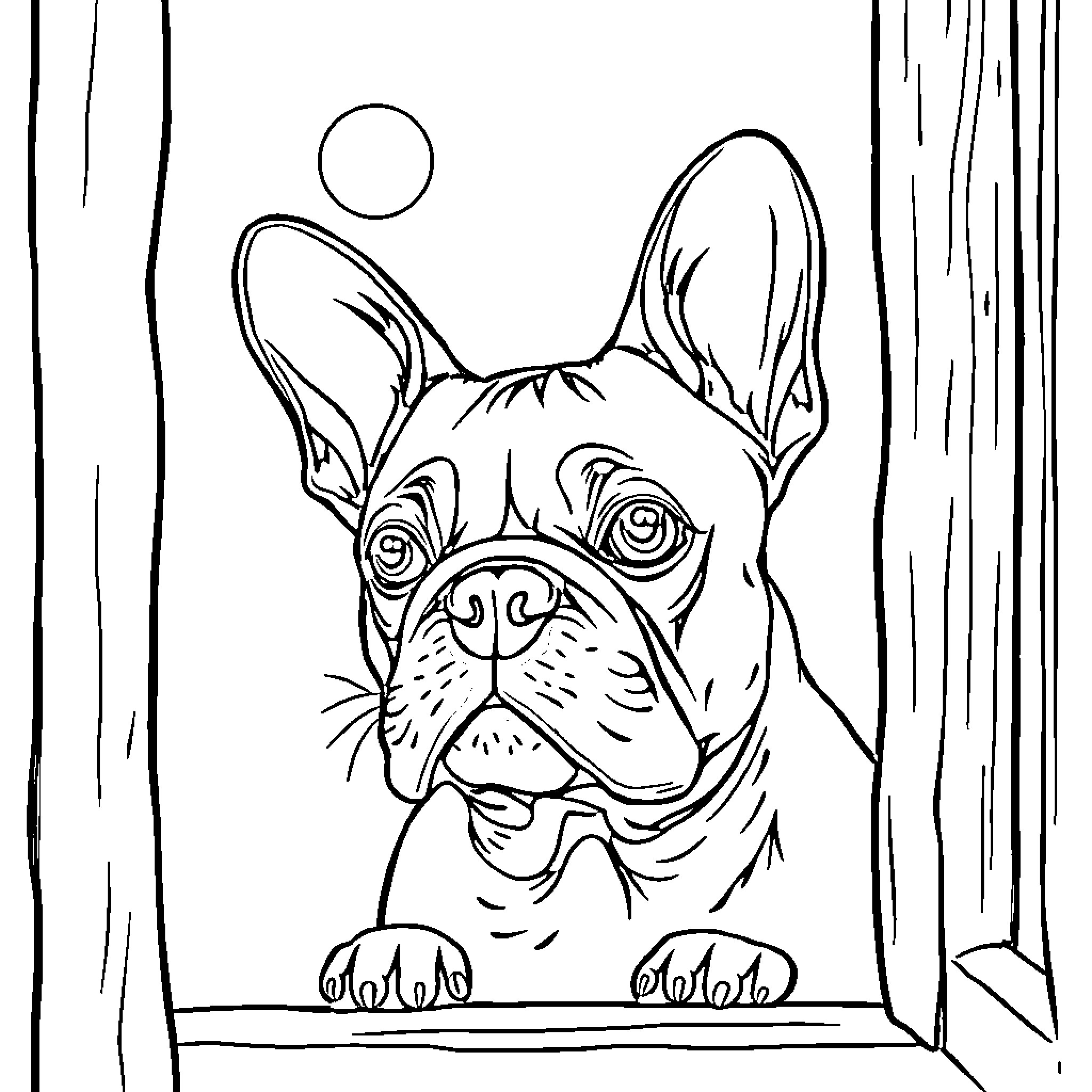 Frenchie Peeking Curiously Through Window Coloring Page (free black-and-white line drawing printable PDF for all, from beginners to advanced learners, including children, teens, adults, and seniors)