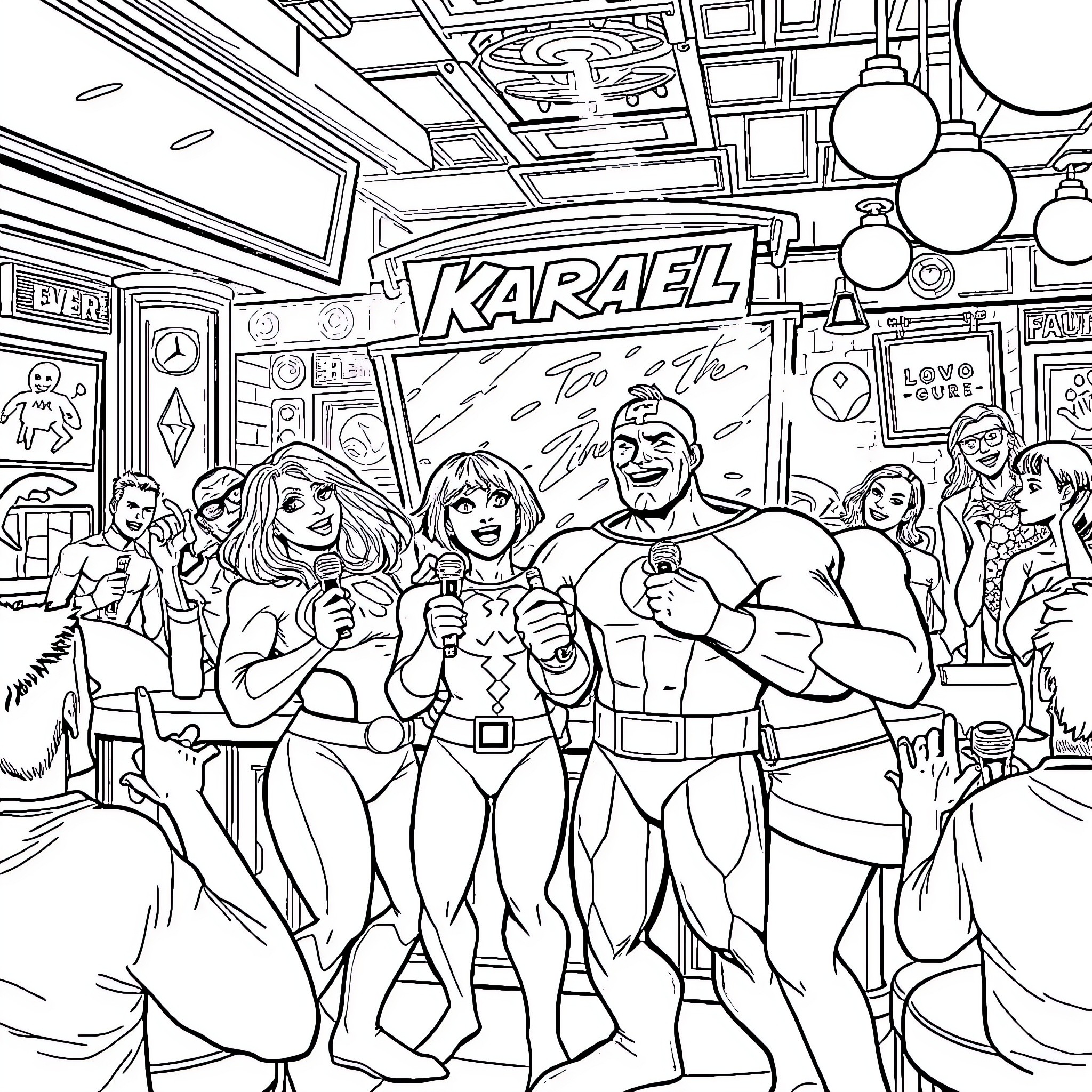 Fantastic Four in Action-Packed Comic Book Scene Coloring Page (free black-and-white line drawing printable PDF for all, from beginners to advanced learners, including children, teens, adults, and seniors)