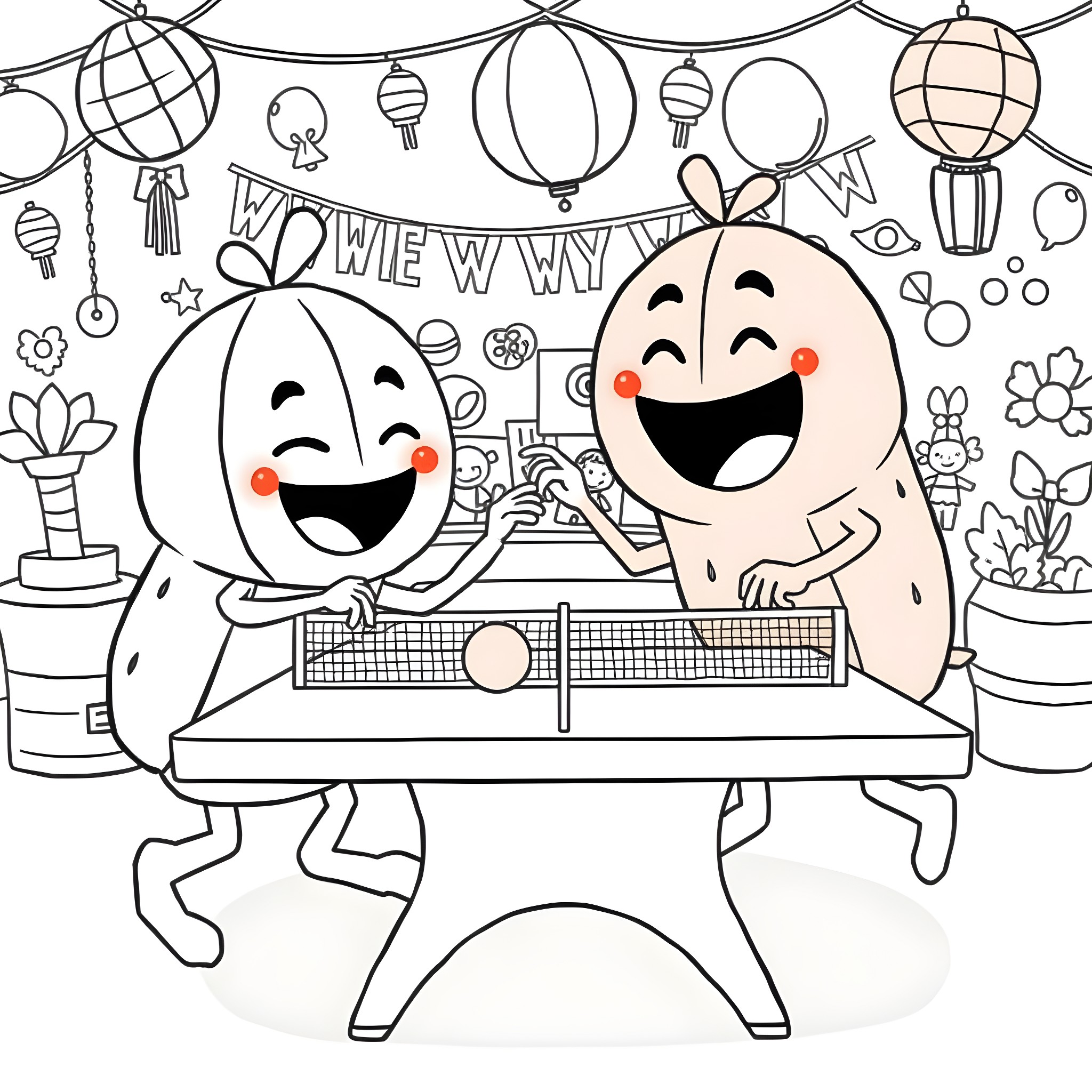 Cocomelon characters playing table tennis at a party Coloring Page (free black-and-white line drawing printable PDF for all, from beginners to advanced learners, including children, teens, adults, and seniors)