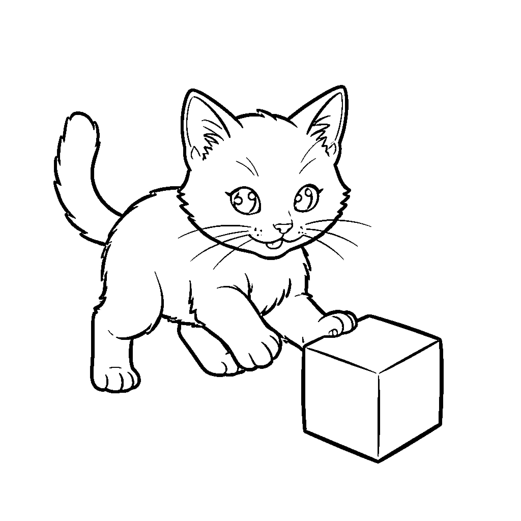 Gato playing with a small cube Coloring Page (free black-and-white line drawing printable PDF for all, from beginners to advanced learners, including children, teens, adults, and seniors)