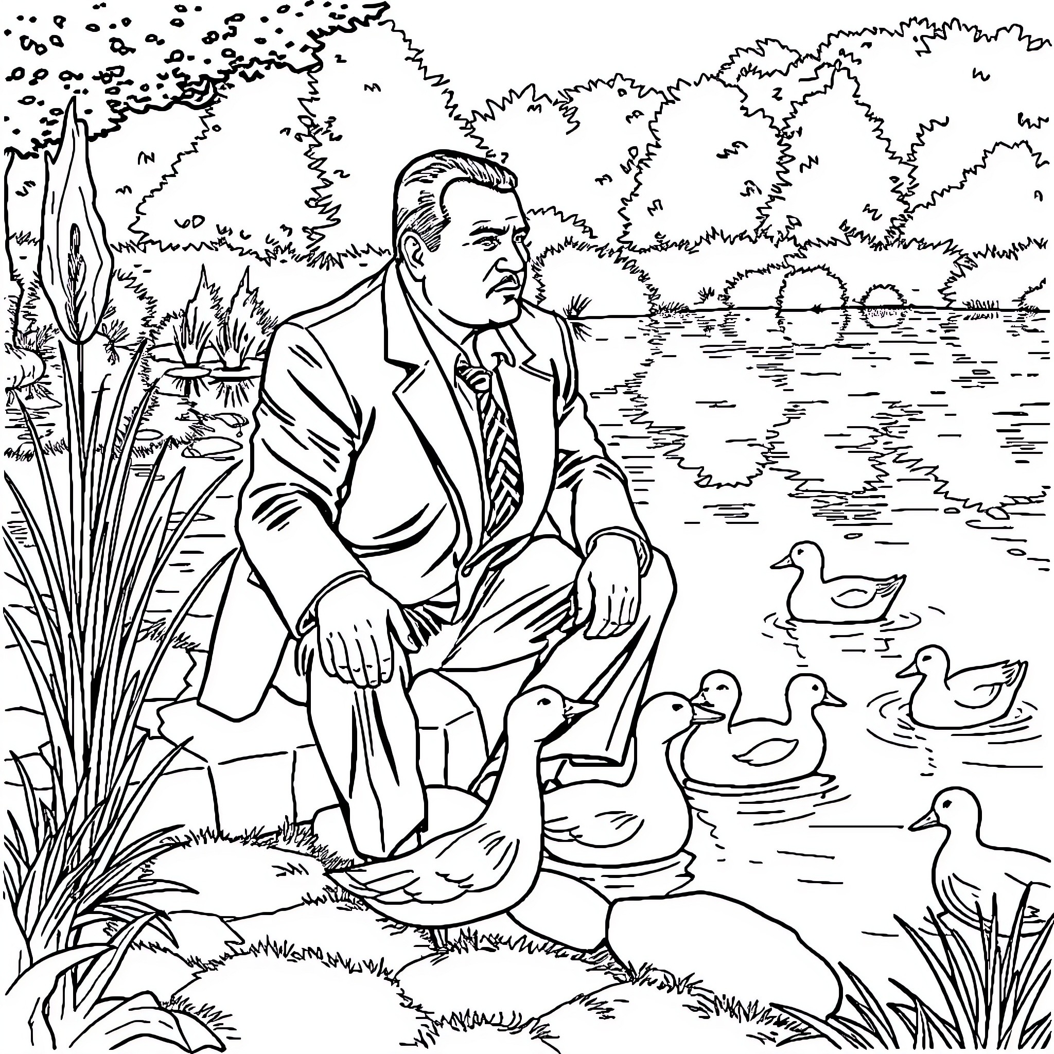 Tony Soprano contemplating by the lake with ducks Coloring Page (free black-and-white line drawing printable PDF for all, from beginners to advanced learners, including children, teens, adults, and seniors)